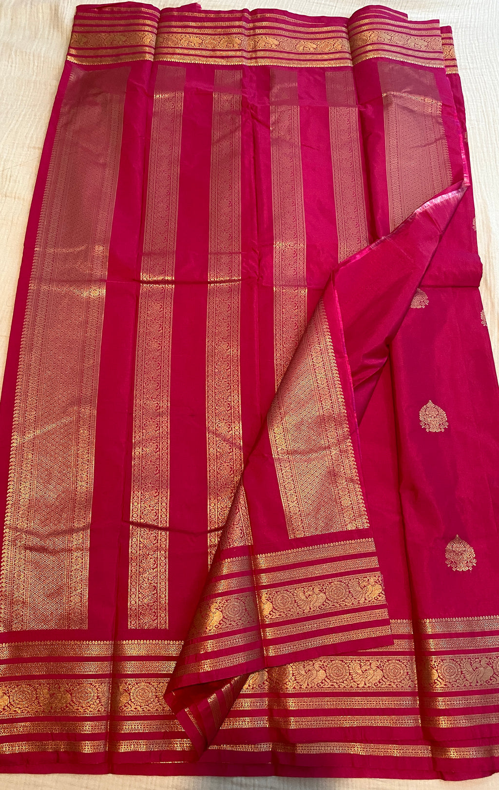 Rani Pink Premium Semi-Kanchipuram Silk Saree with Gold Zari Border & Traditional Pallu