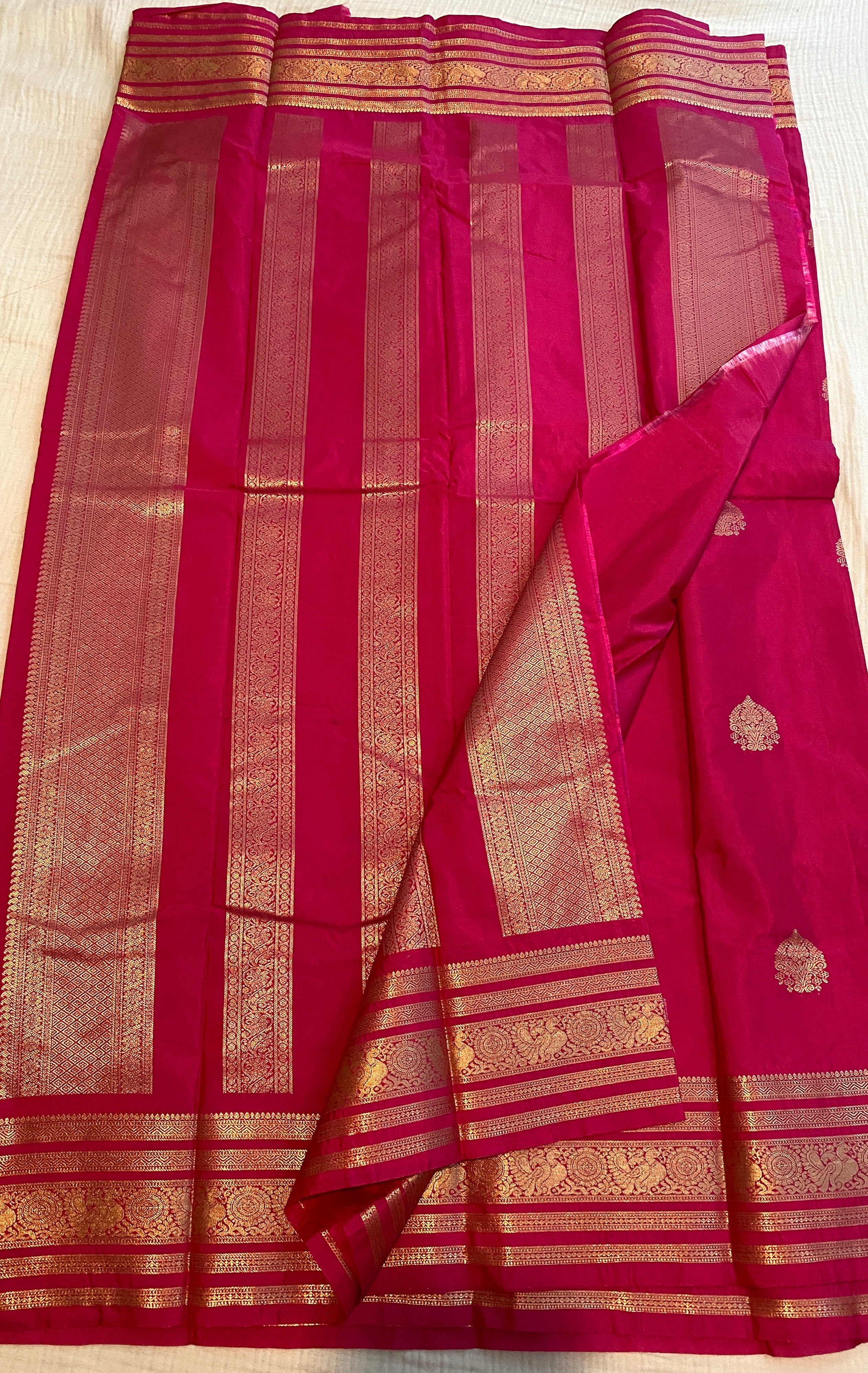 Rani Pink Premium Semi-Kanchipuram Silk Saree with Gold Zari Border & Traditional Pallu