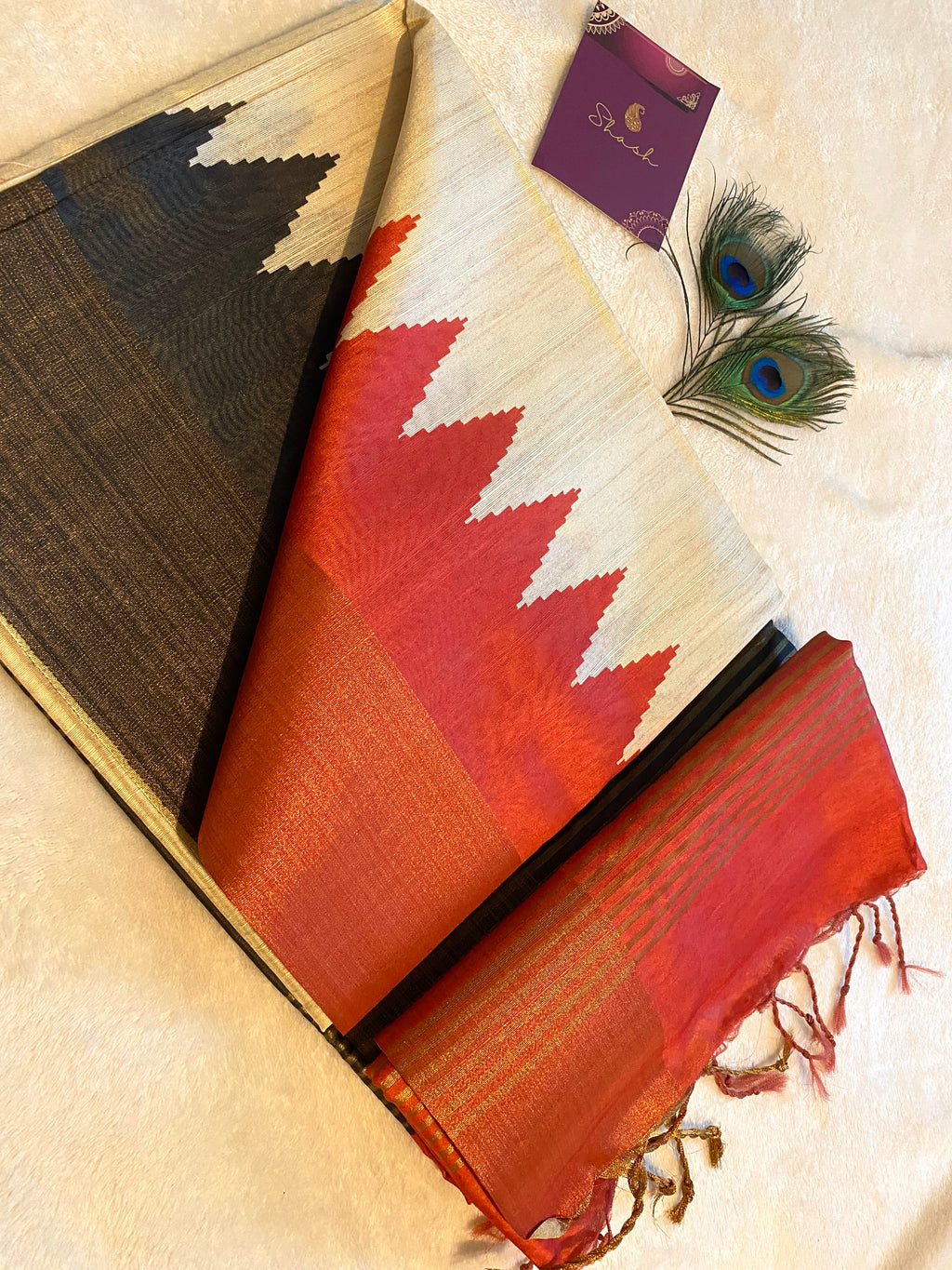 Cream Semi-Jute Tussar Saree with Ganga Jamuna Temple Border