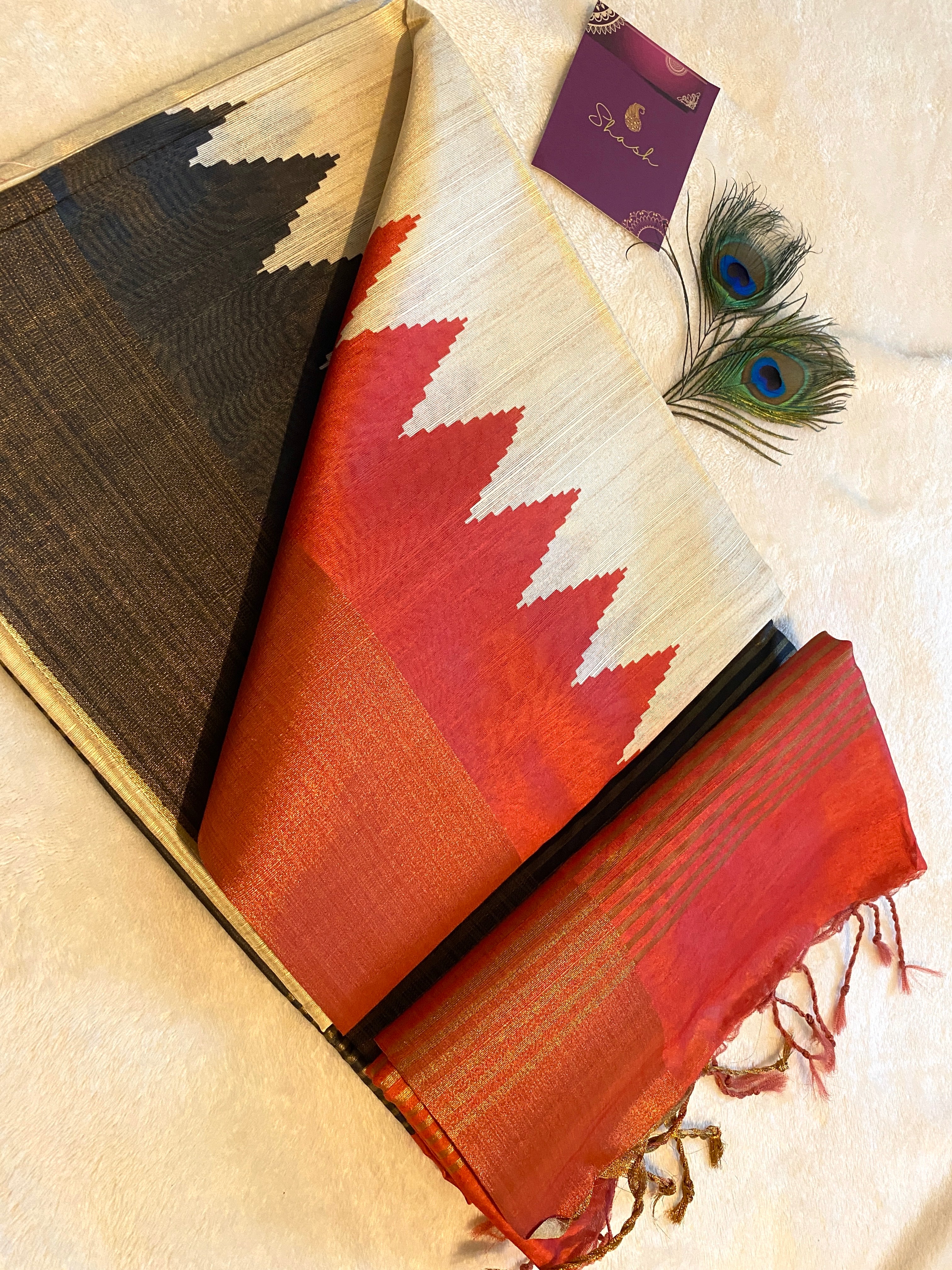 Cream Semi-Jute Tussar Saree with Ganga Jamuna Temple Border