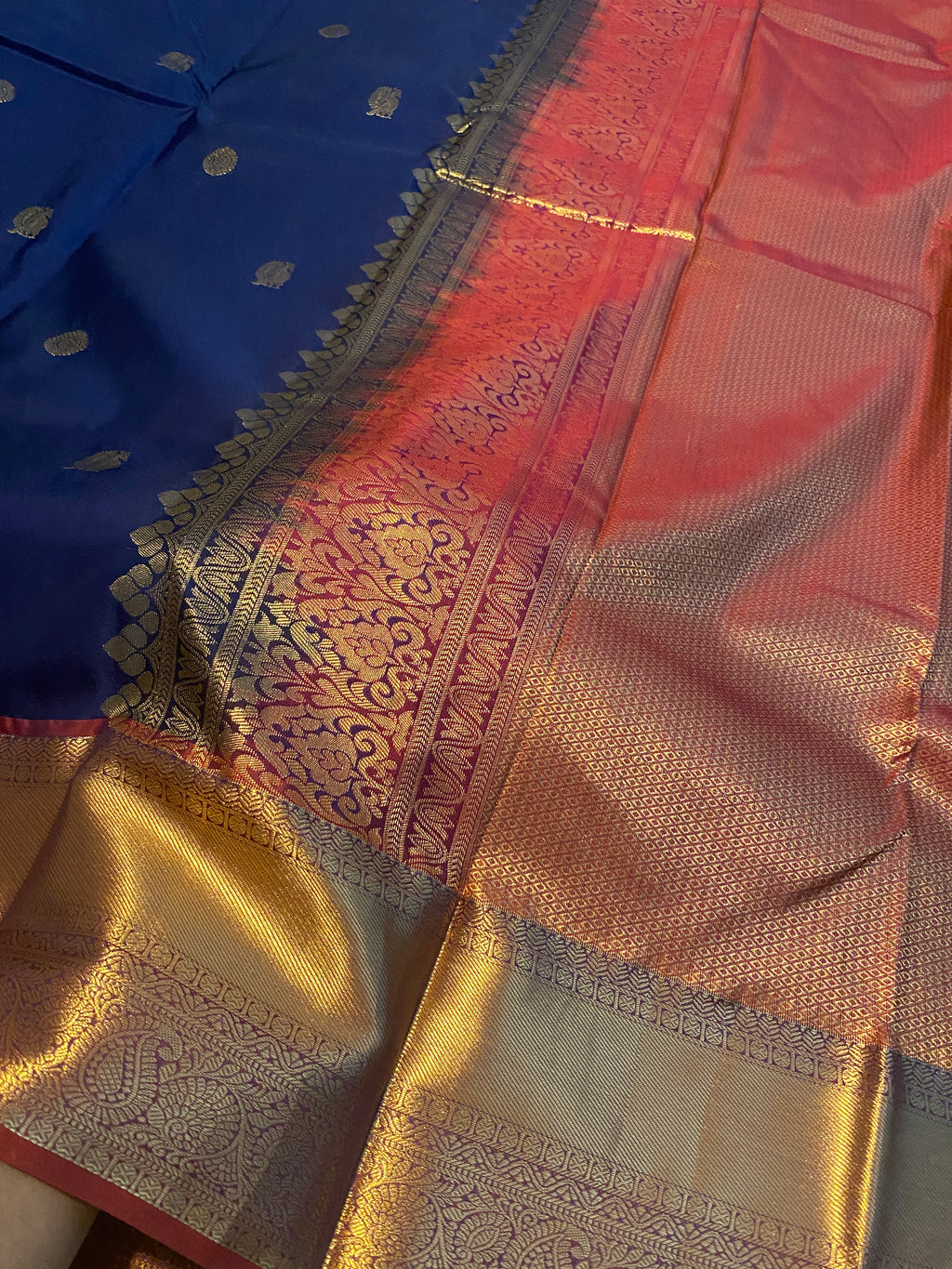 Royal Blue Semi-Kanchipuram Silk Saree with Maroon Pallu & Antique Gold Zari Border