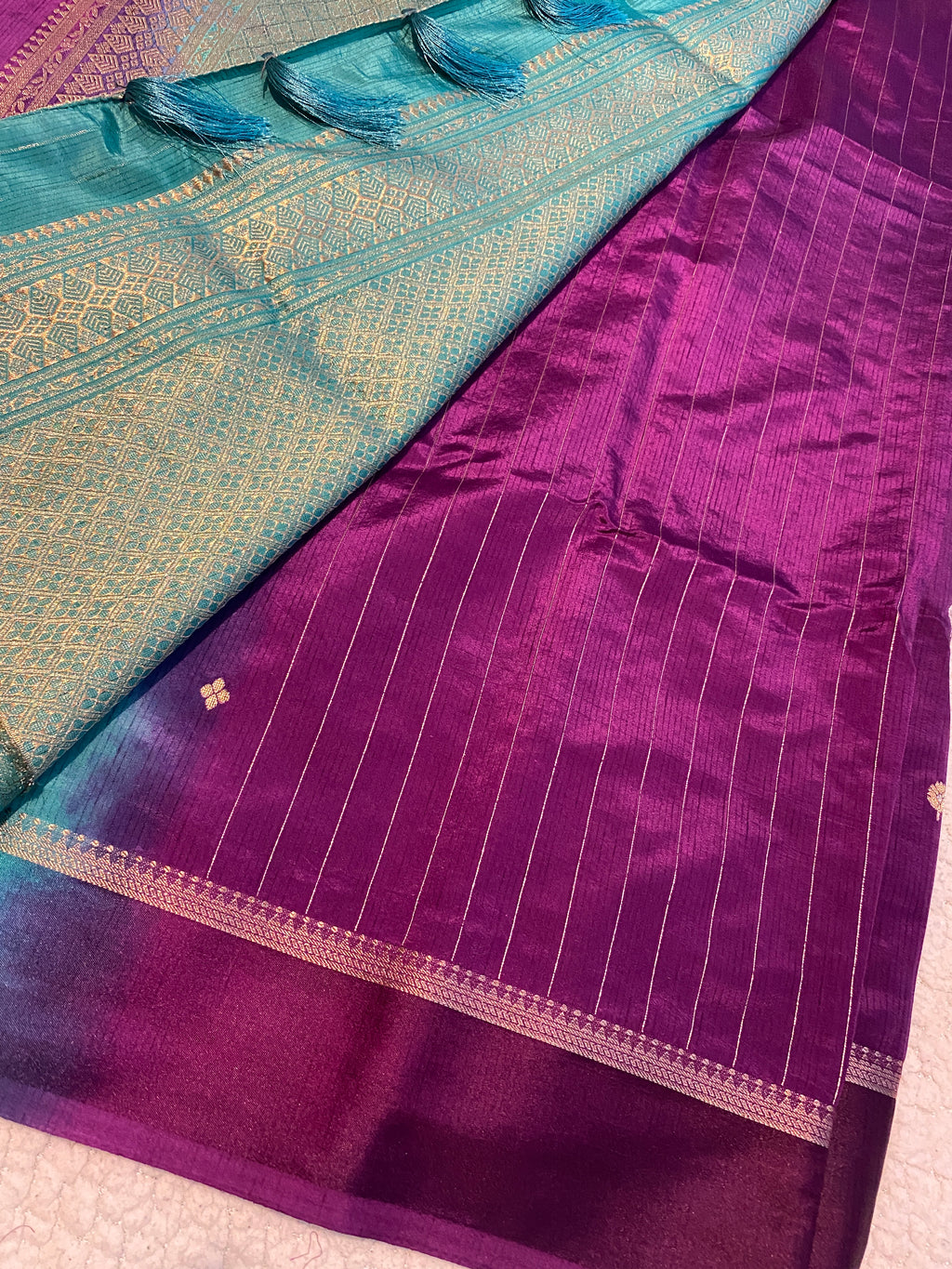 Royal Purple Semi-Soft Silk Saree with Teal Green Blouse & Pallu