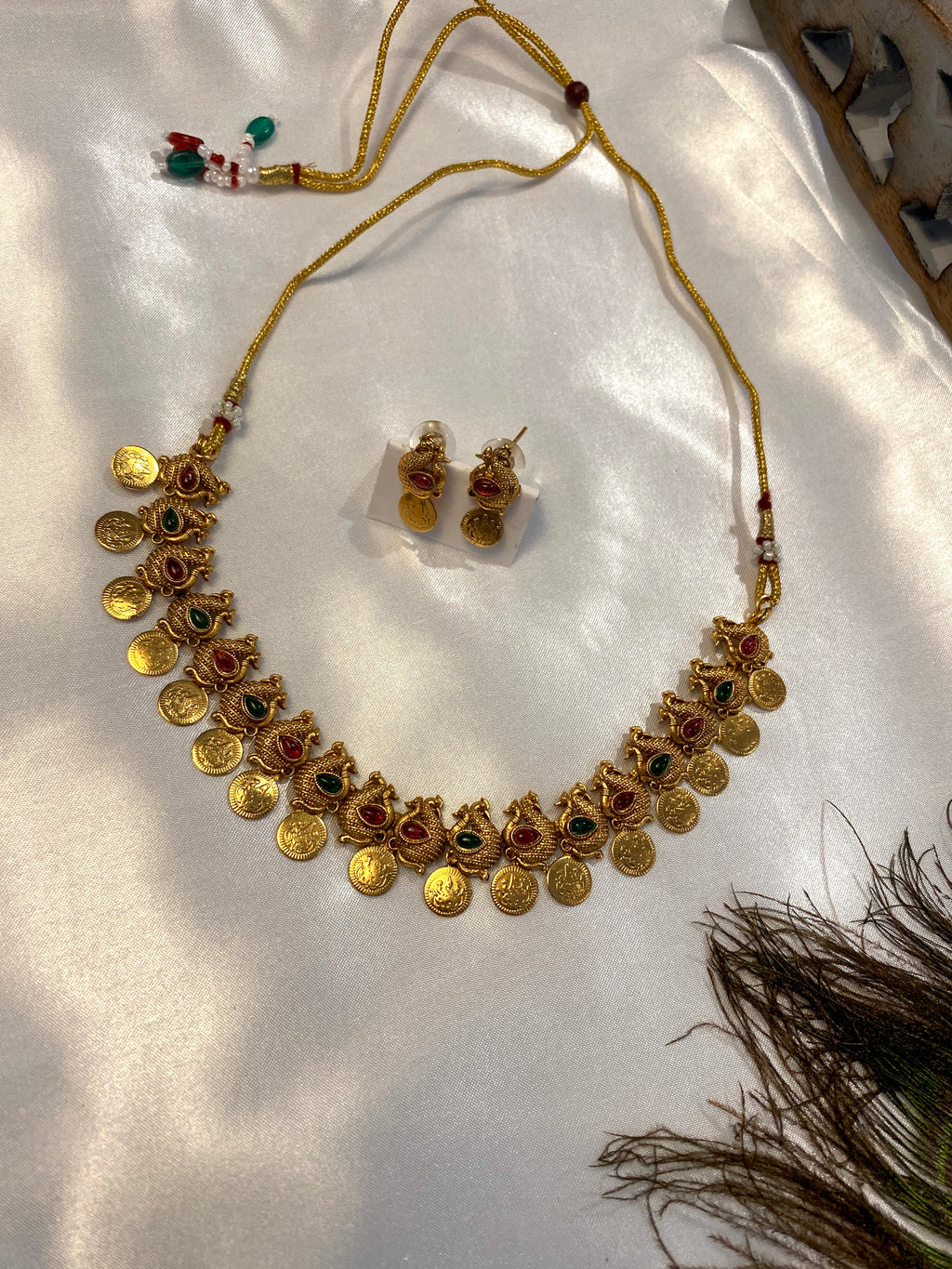 Antique Gold-Tone Ruby & Green Temple-Style Necklace Set