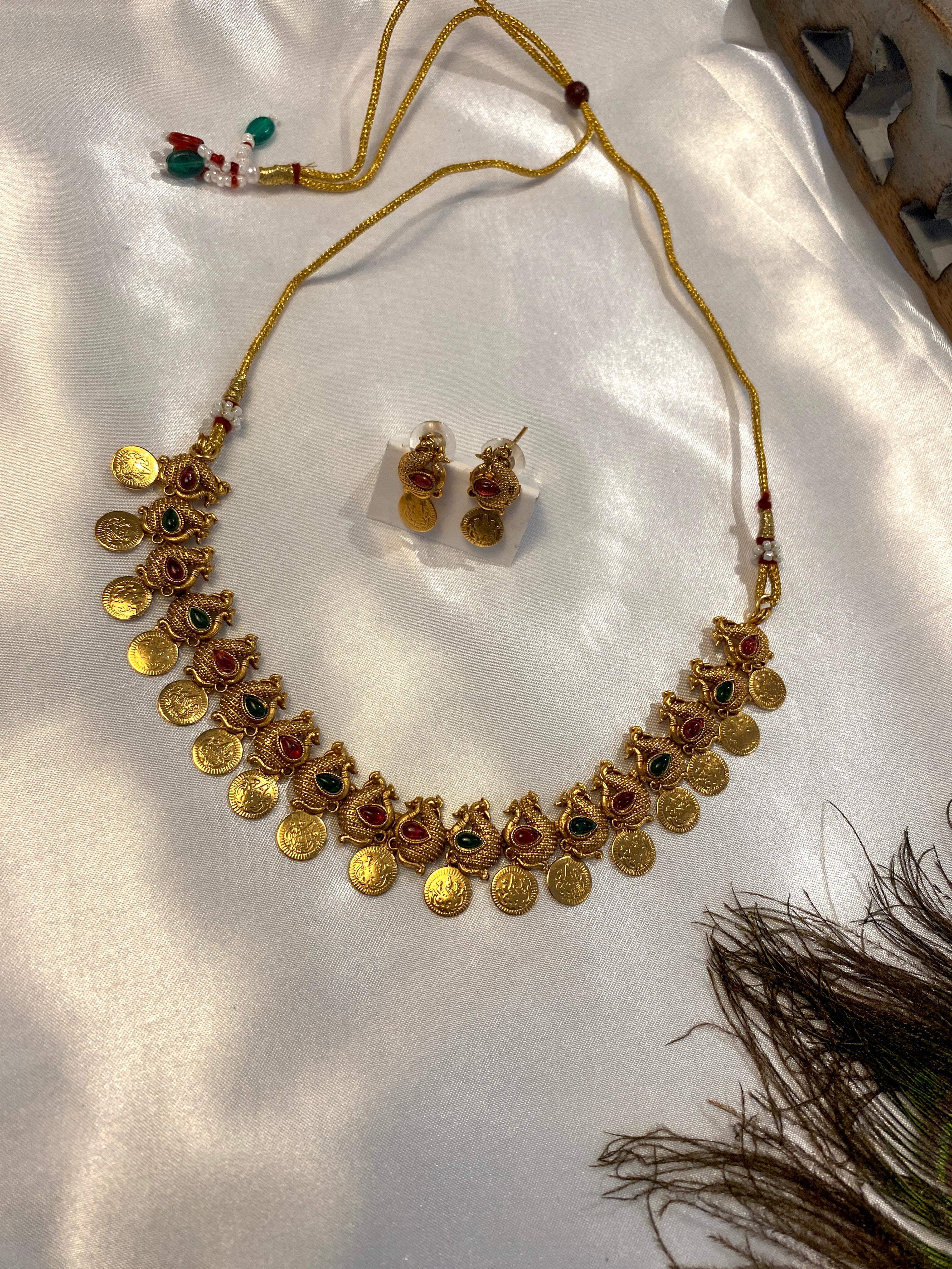 Antique Gold-Tone Ruby & Green Temple-Style Necklace Set