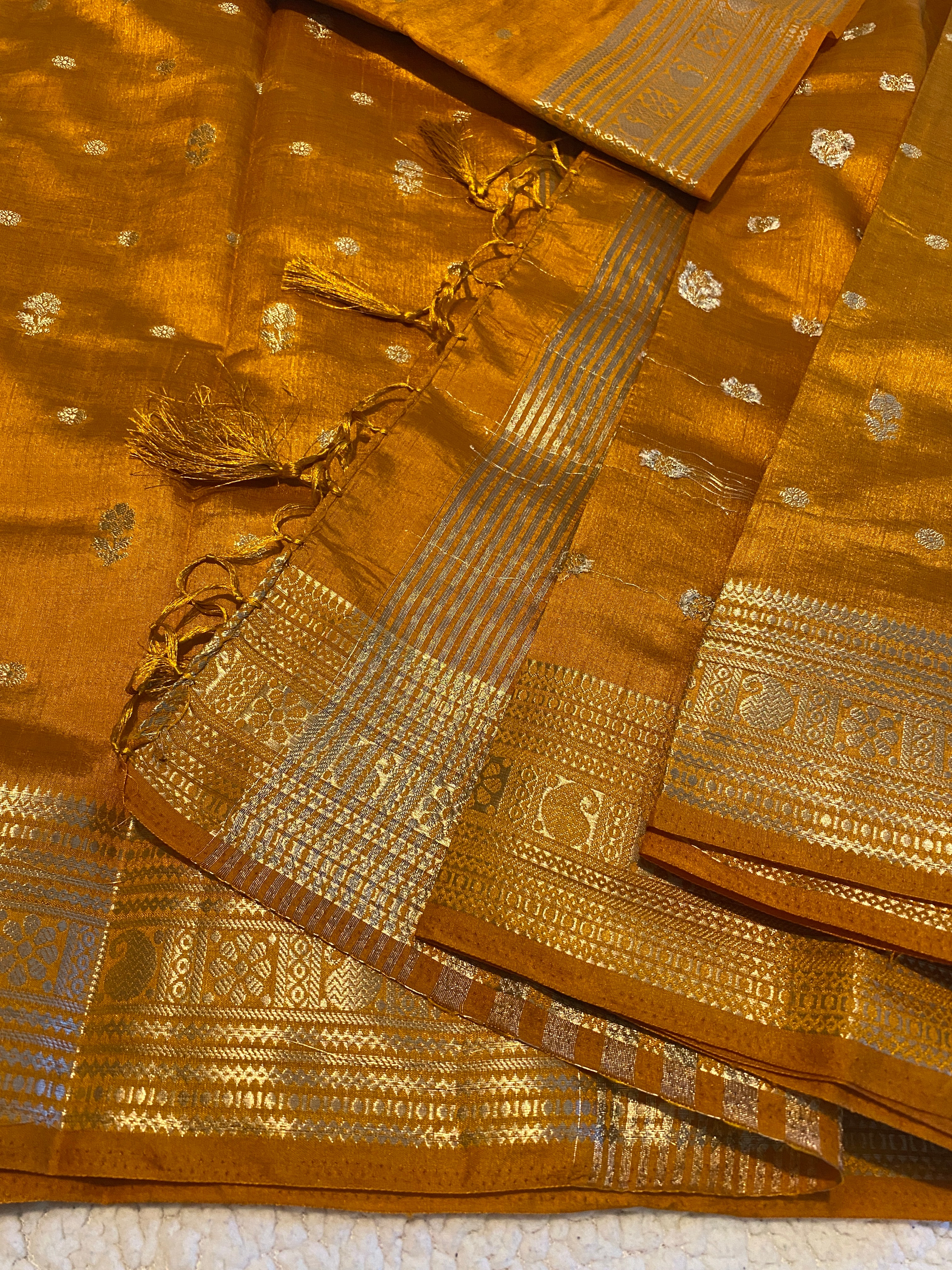 Mustard Yellow Tussar Silk Saree with Pallu and Border Detailing