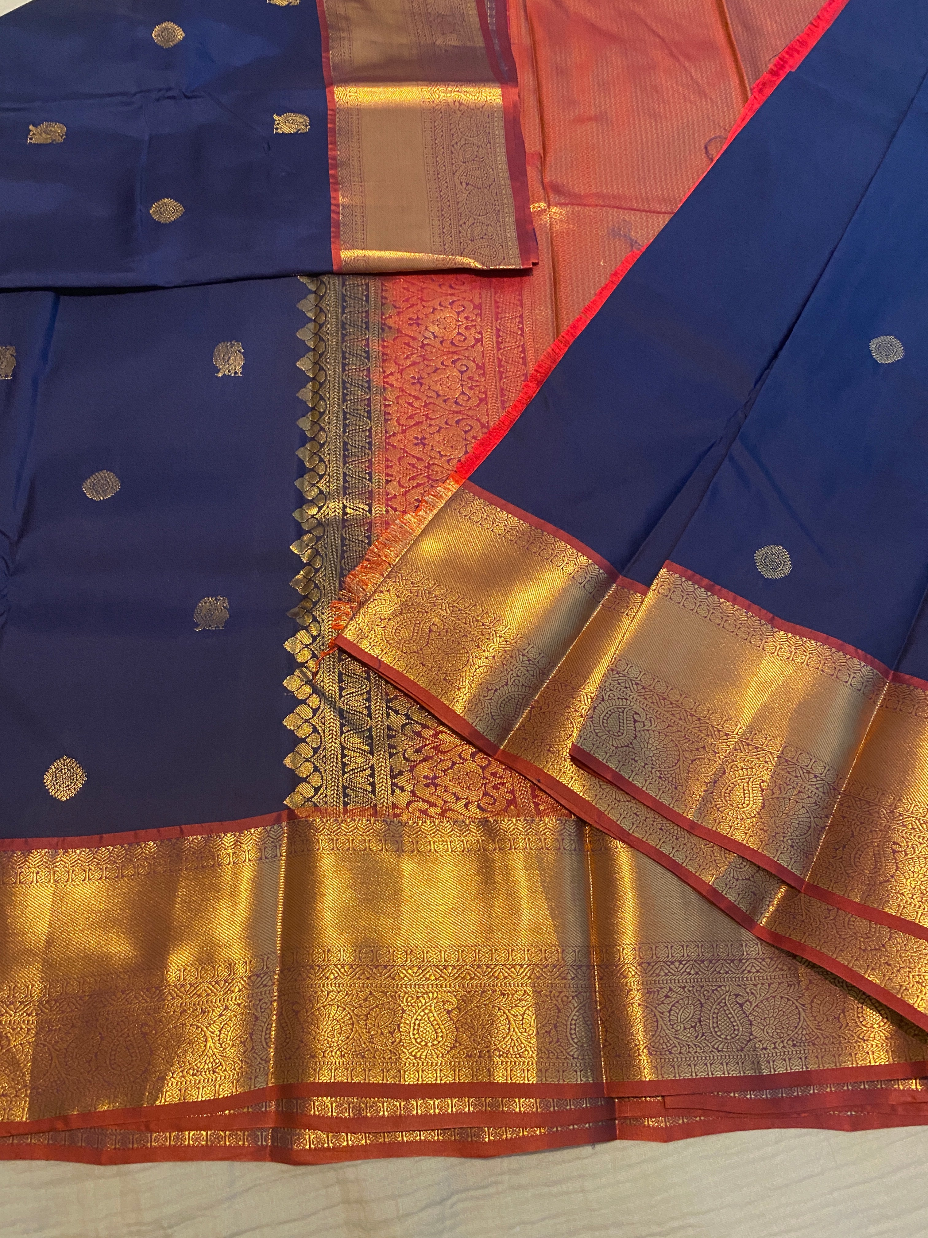 Royal Blue Semi-Kanchipuram Silk Saree with Maroon Pallu & Antique Gold Zari Border