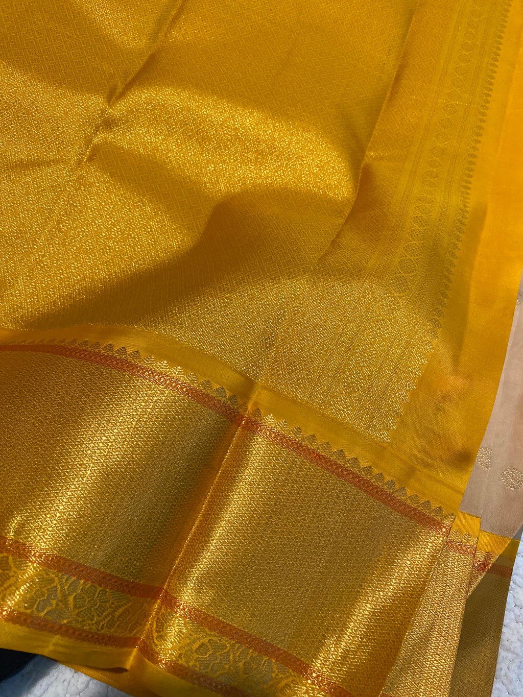 Pure Kanchipuram Silk Saree | Elegant Beige with Traditional Golden Yellow Zari Border