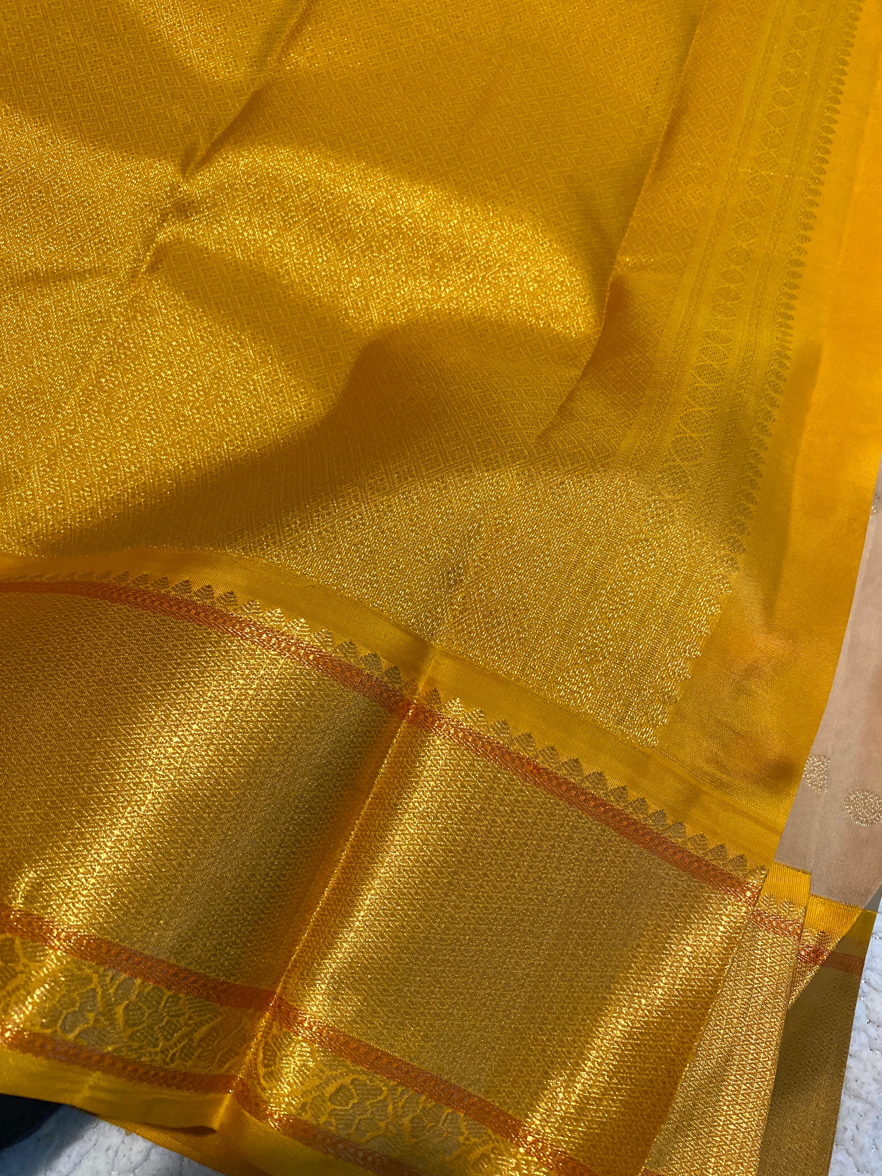 Pure Kanchipuram Silk Saree | Elegant Beige with Traditional Golden Yellow Zari Border