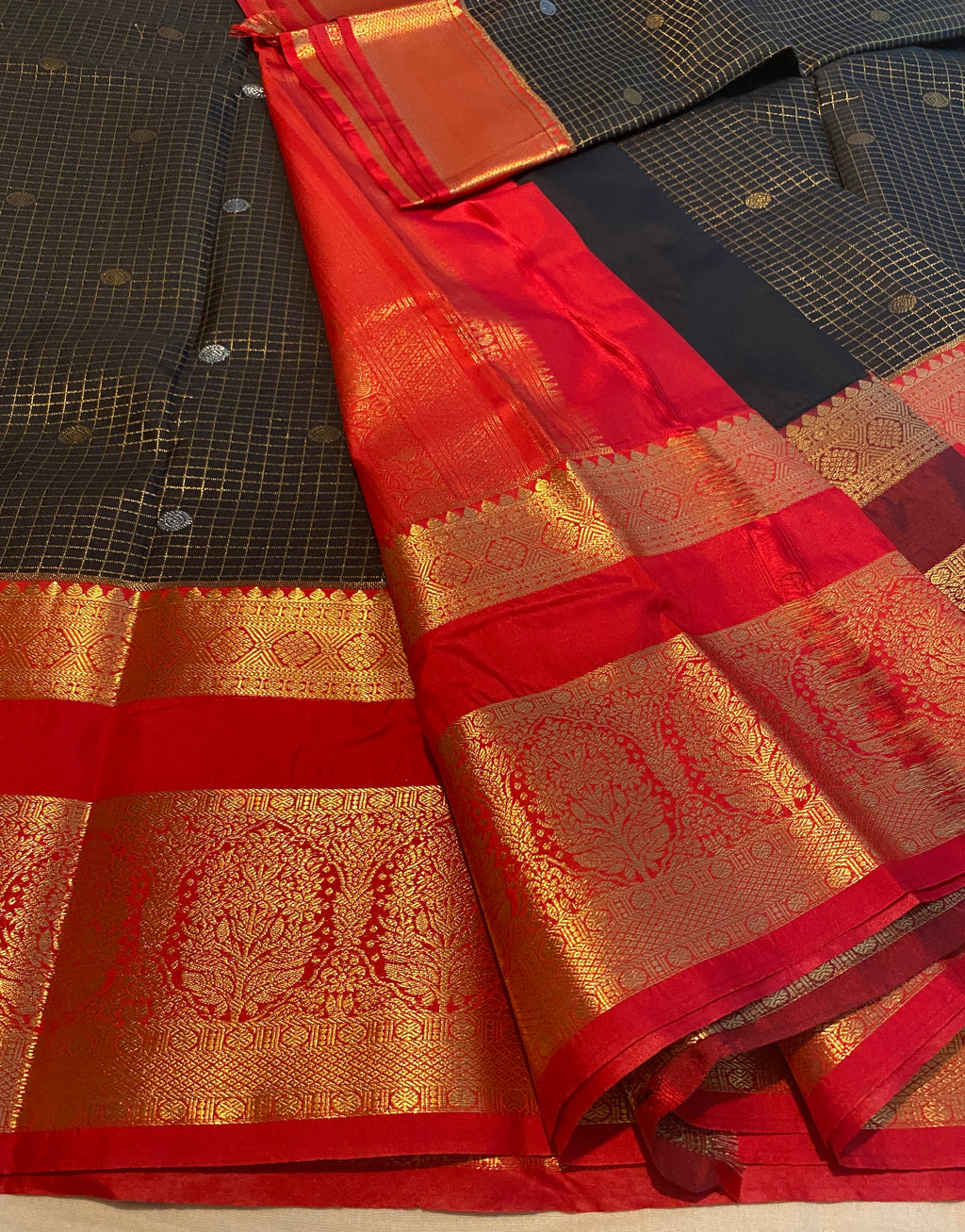Premium Black & Red Semi-Kanchipuram Silk Saree with Gold Zari