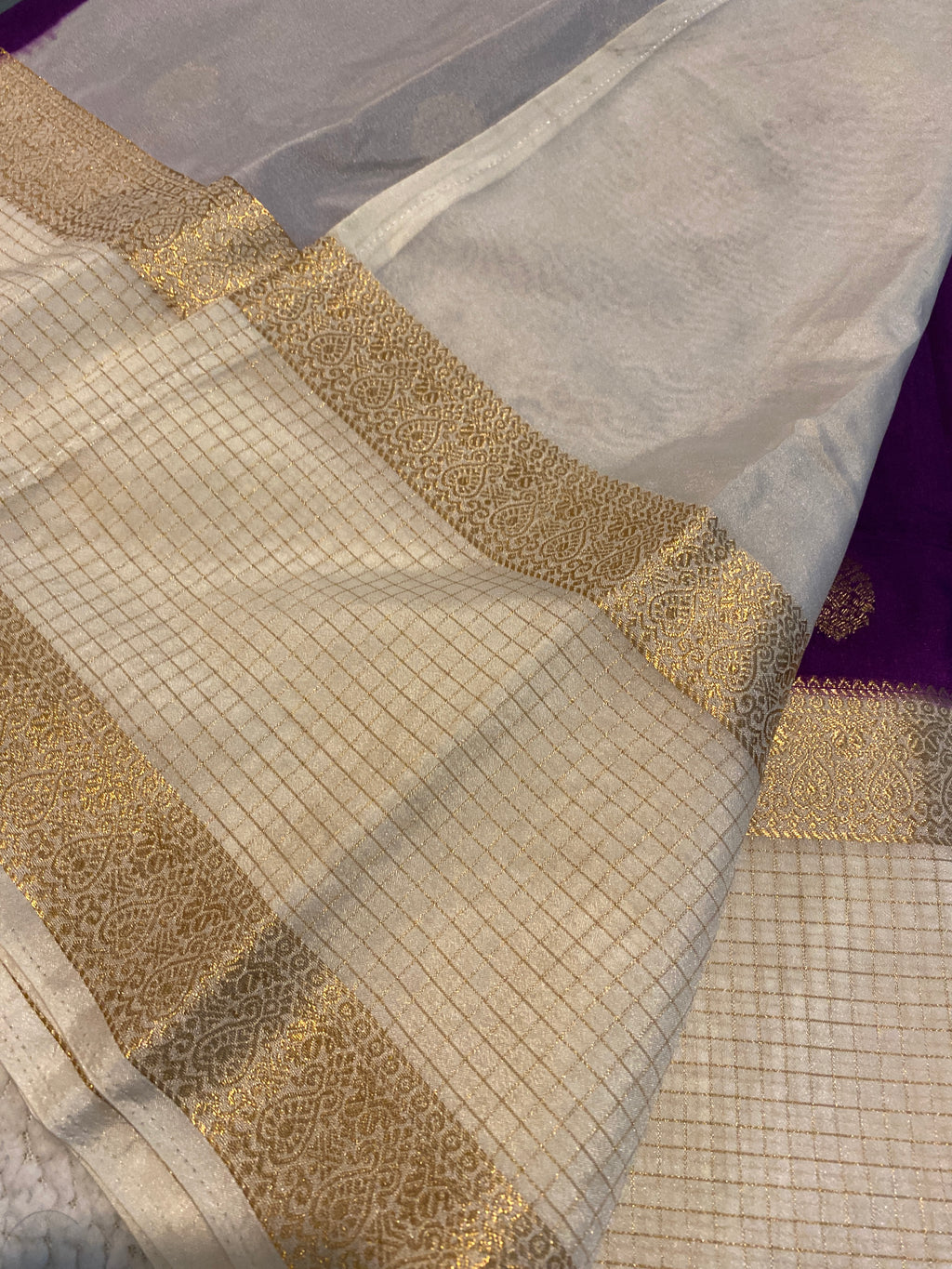 Elegant Purple & Off-White Semi Crepe Silk Saree