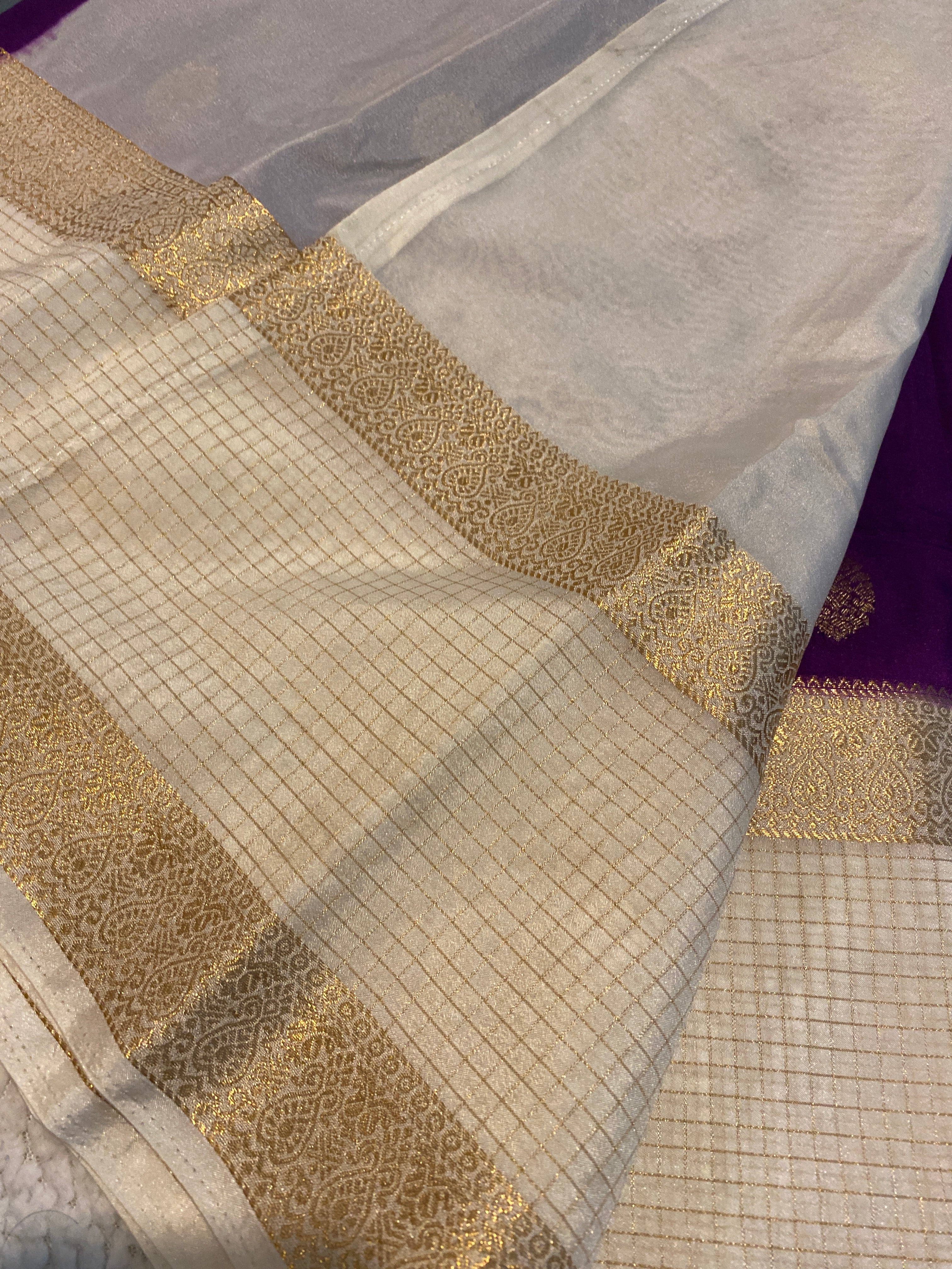 Elegant Purple & Off-White Semi Crepe Silk Saree