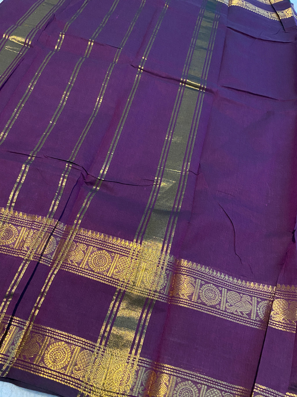 Deep Purple Pure Kanchi Cotton Saree with Traditional Gold Zari Border