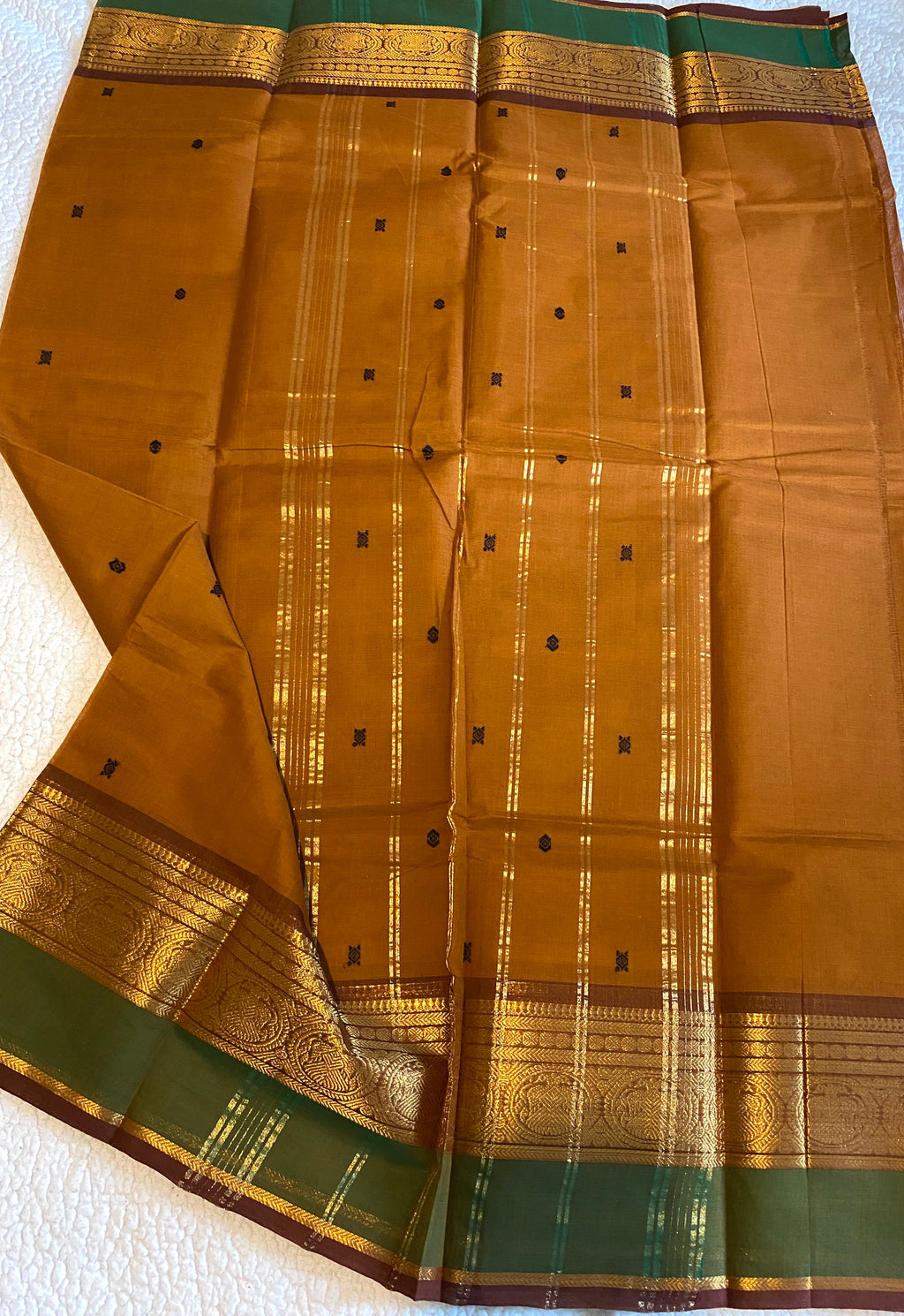Pure Kanchi Cotton Saree | Honey Mustard with Contrast Green Border