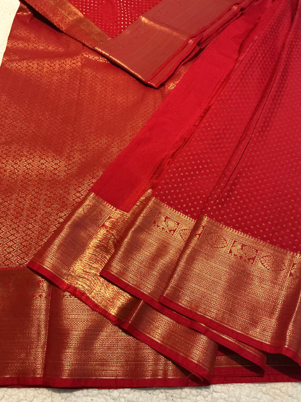 Red Semi-Kanchipuram Silk Saree with Peacock Zari Border