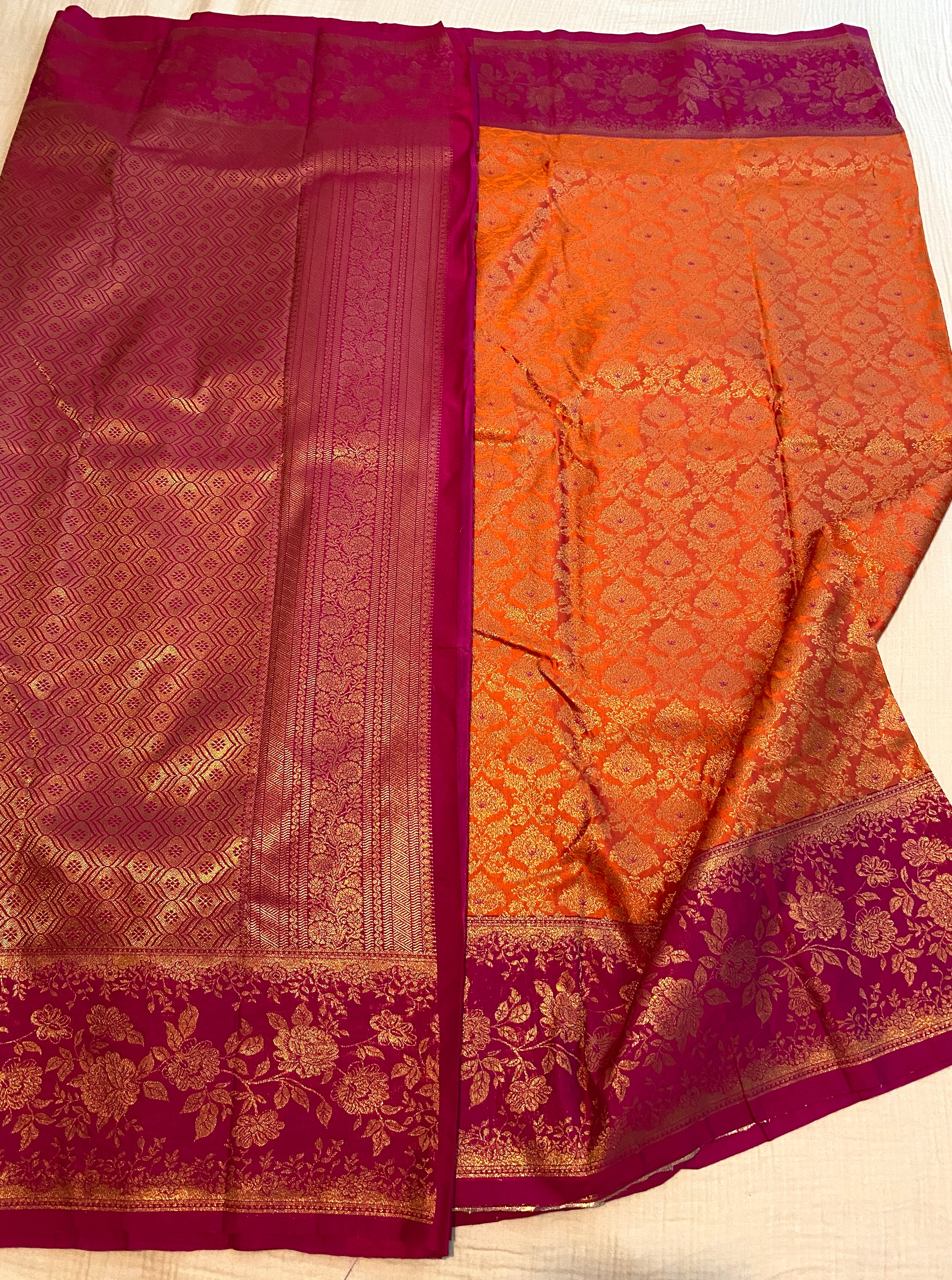 Premium Semi-Kanchipuram Silk Saree in Orange with Magenta Pink Floral Gold Zari Border & Pallu