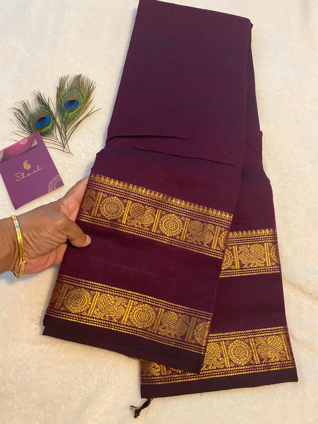 Deep Purple Pure Kanchi Cotton Saree with Traditional Gold Zari Border