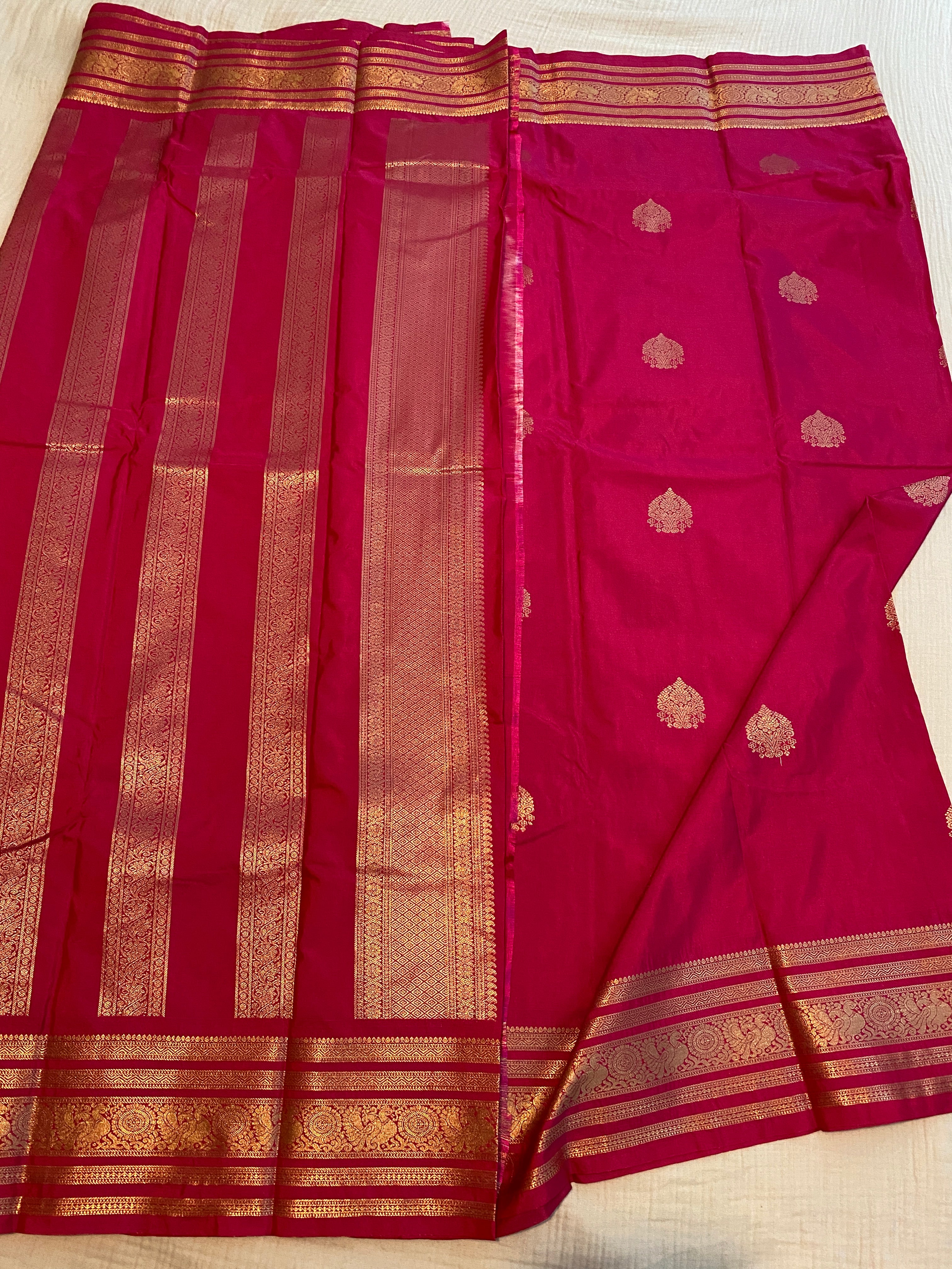 Rani Pink Premium Semi-Kanchipuram Silk Saree with Gold Zari Border & Traditional Pallu