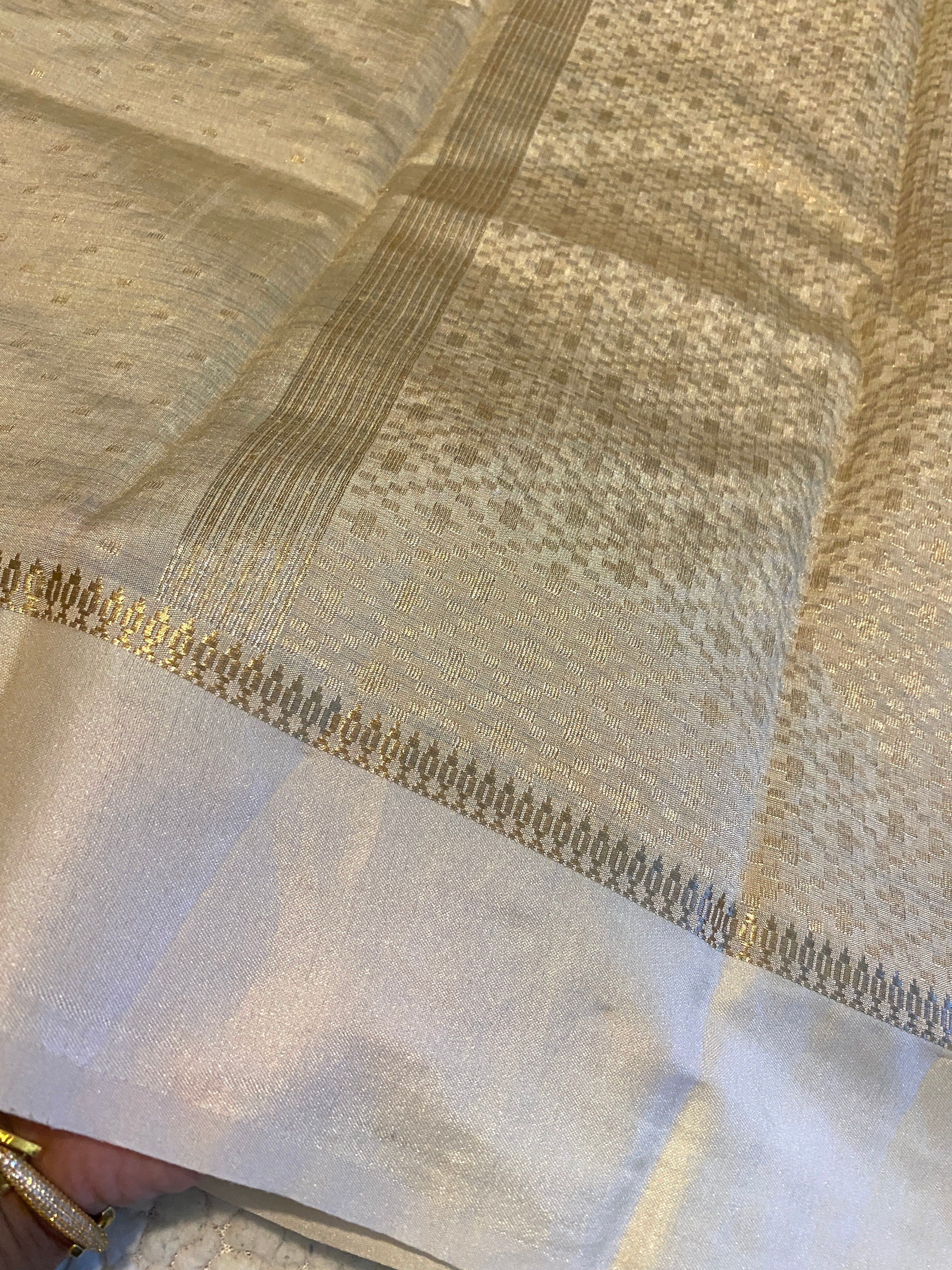 Beige Tussar Silk Saree with Satin Ivory Border & Woven Pallu