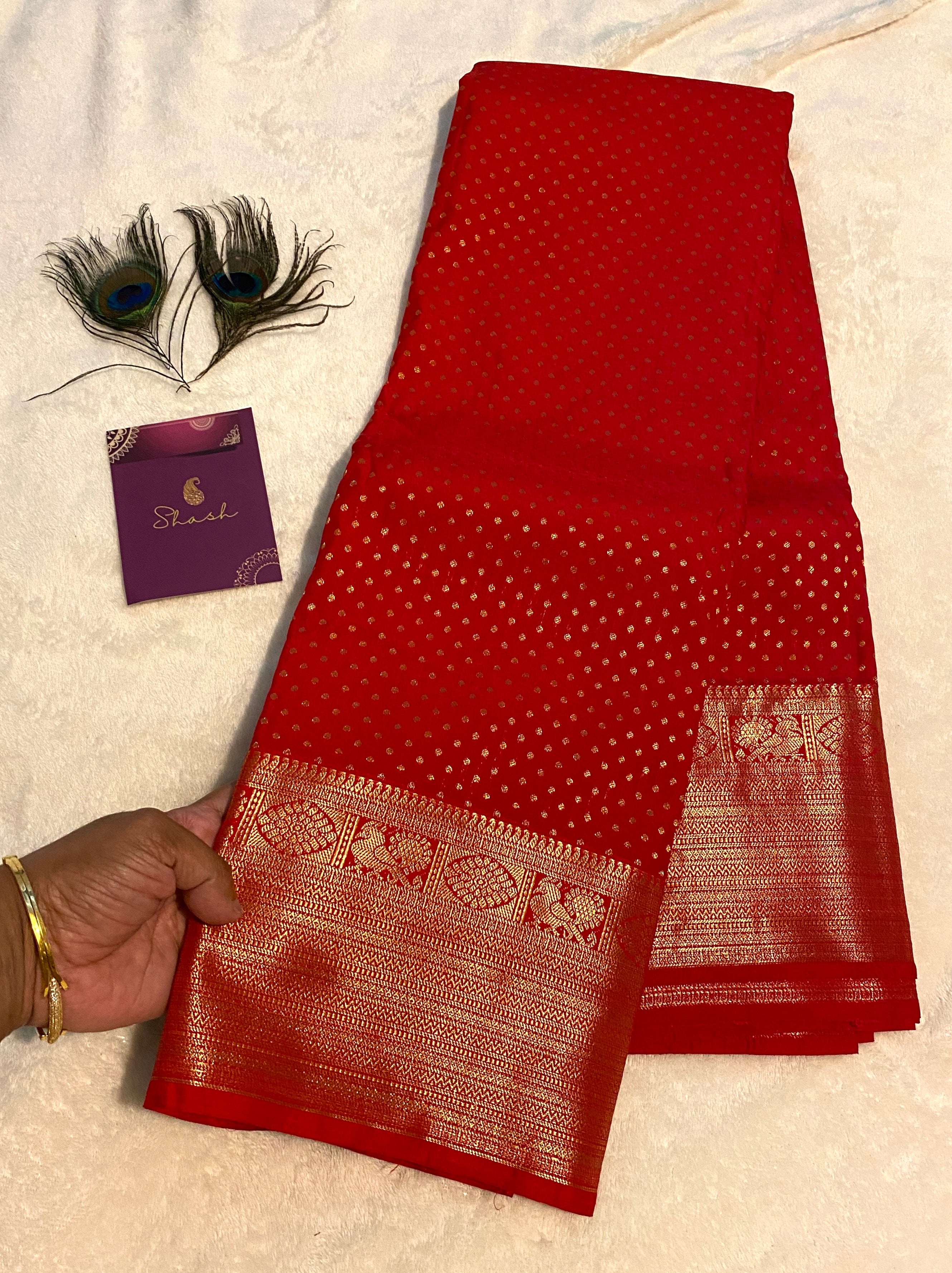 Red Semi-Kanchipuram Silk Saree with Peacock Zari Border