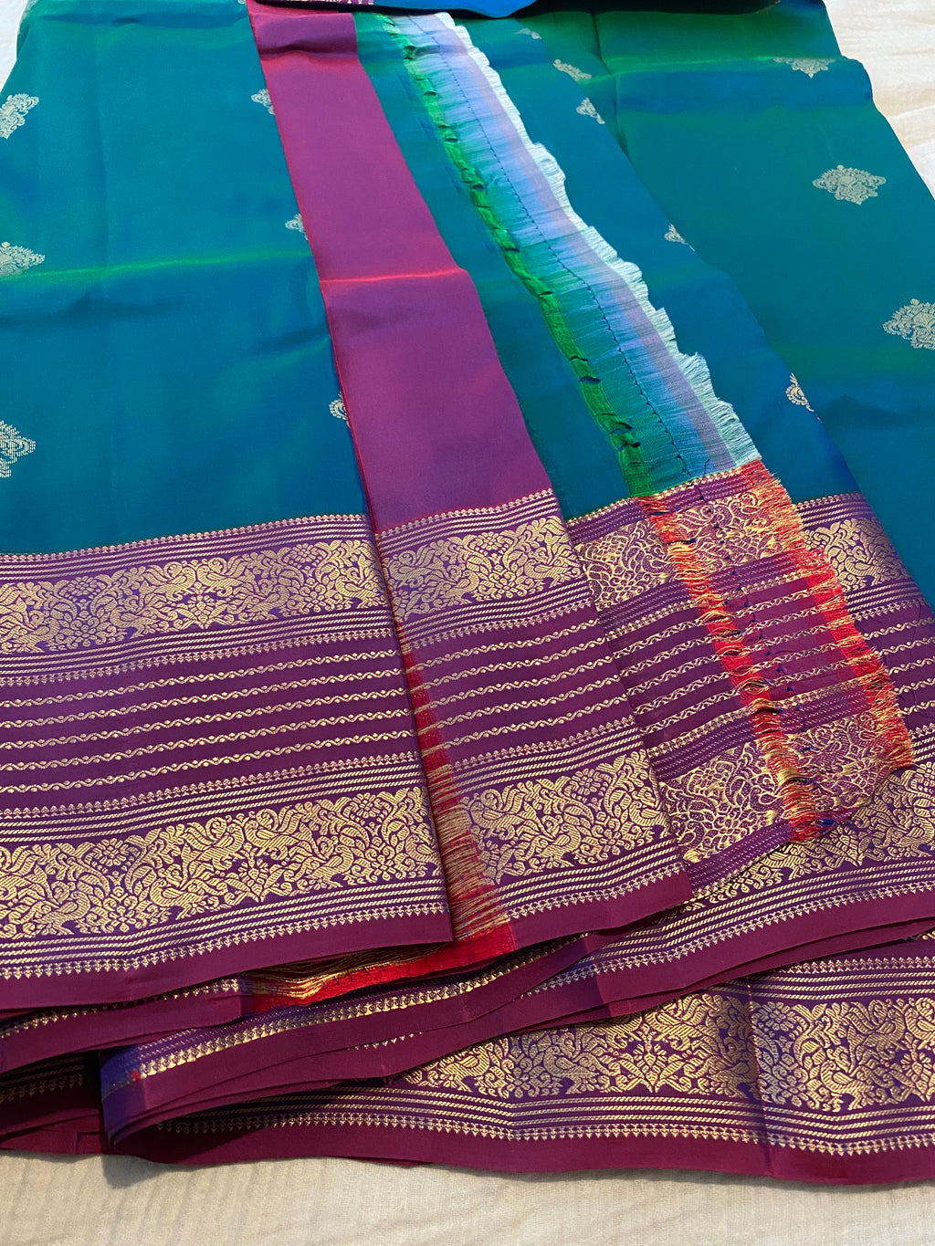 Pure Kanchipuram Silk Saree in Peacock Blue with Contrast Purple Zari Border | Silk Mark Certified