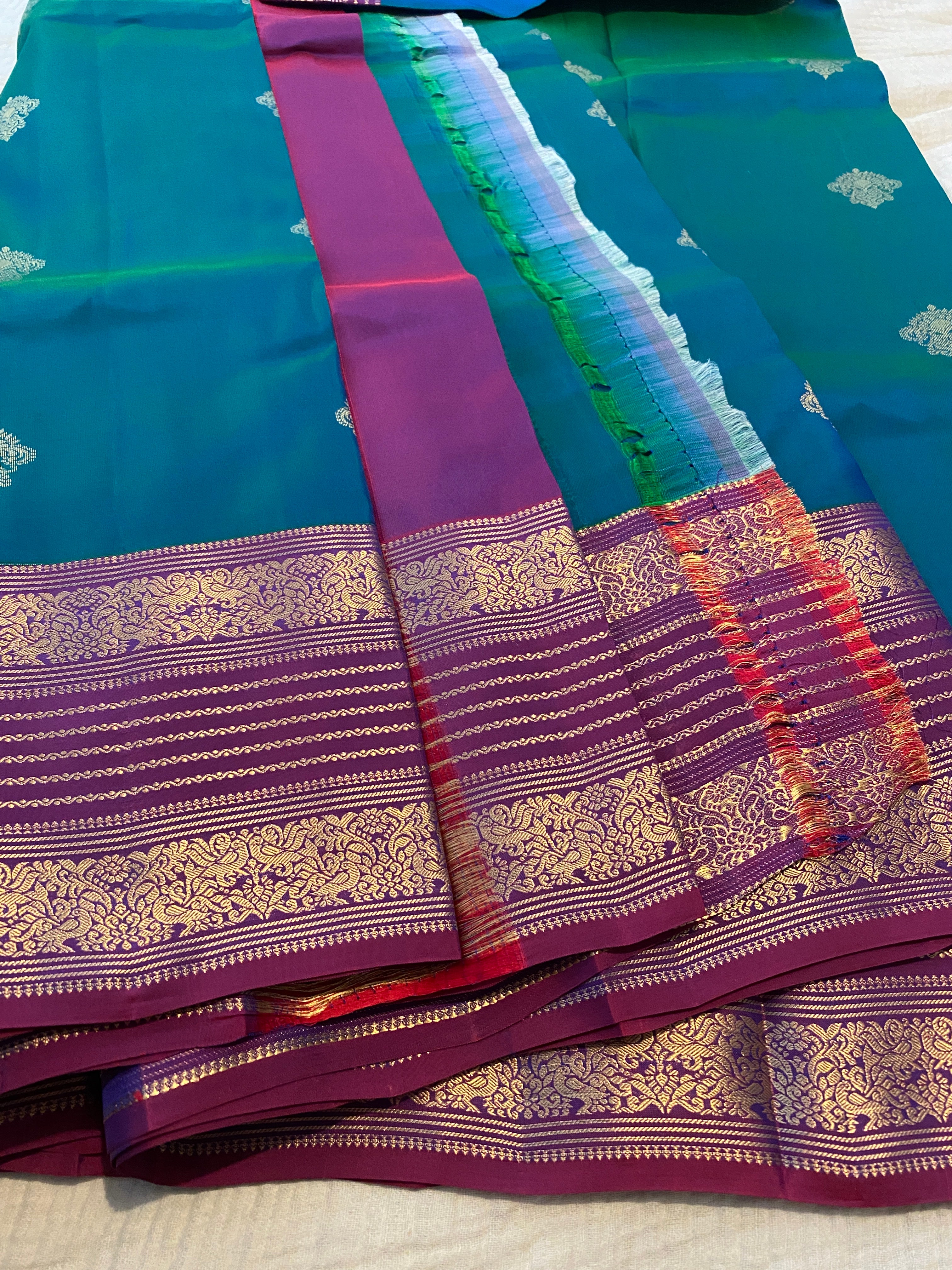 Pure Kanchipuram Silk Saree in Peacock Blue with Contrast Purple Zari Border | Silk Mark Certified