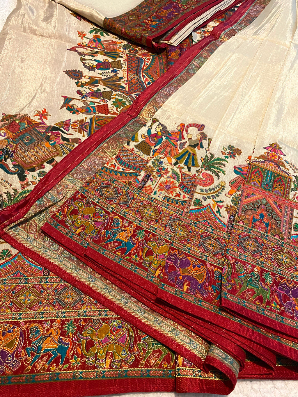 Ivory White Viscose Kalamkari Saree with Multicolour Heritage Border