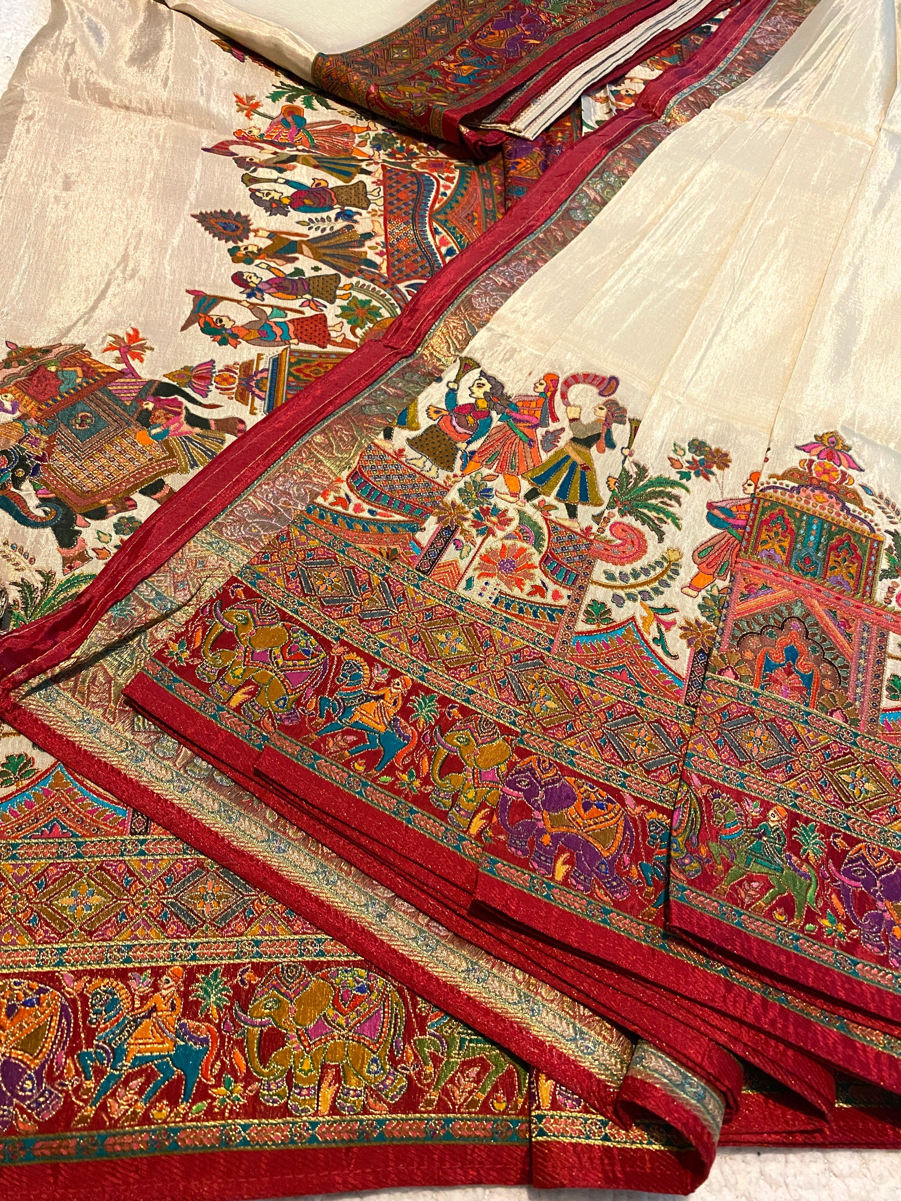 Ivory White Viscose Kalamkari Saree with Multicolour Heritage Border
