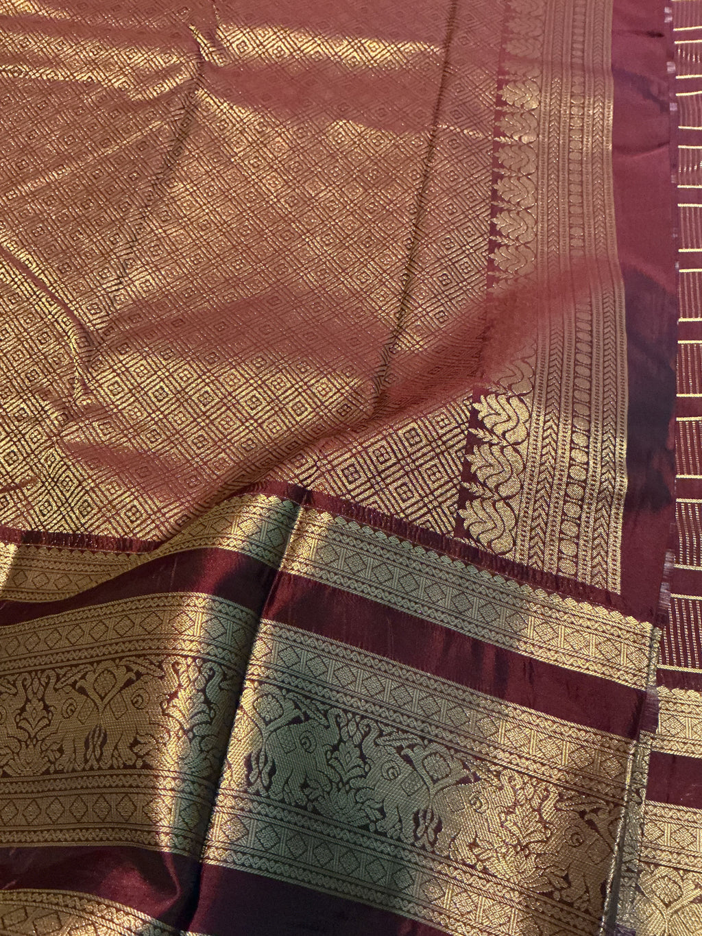 Maroon Semi-Kanchipuram Silk Saree with Gold Zari Stripes