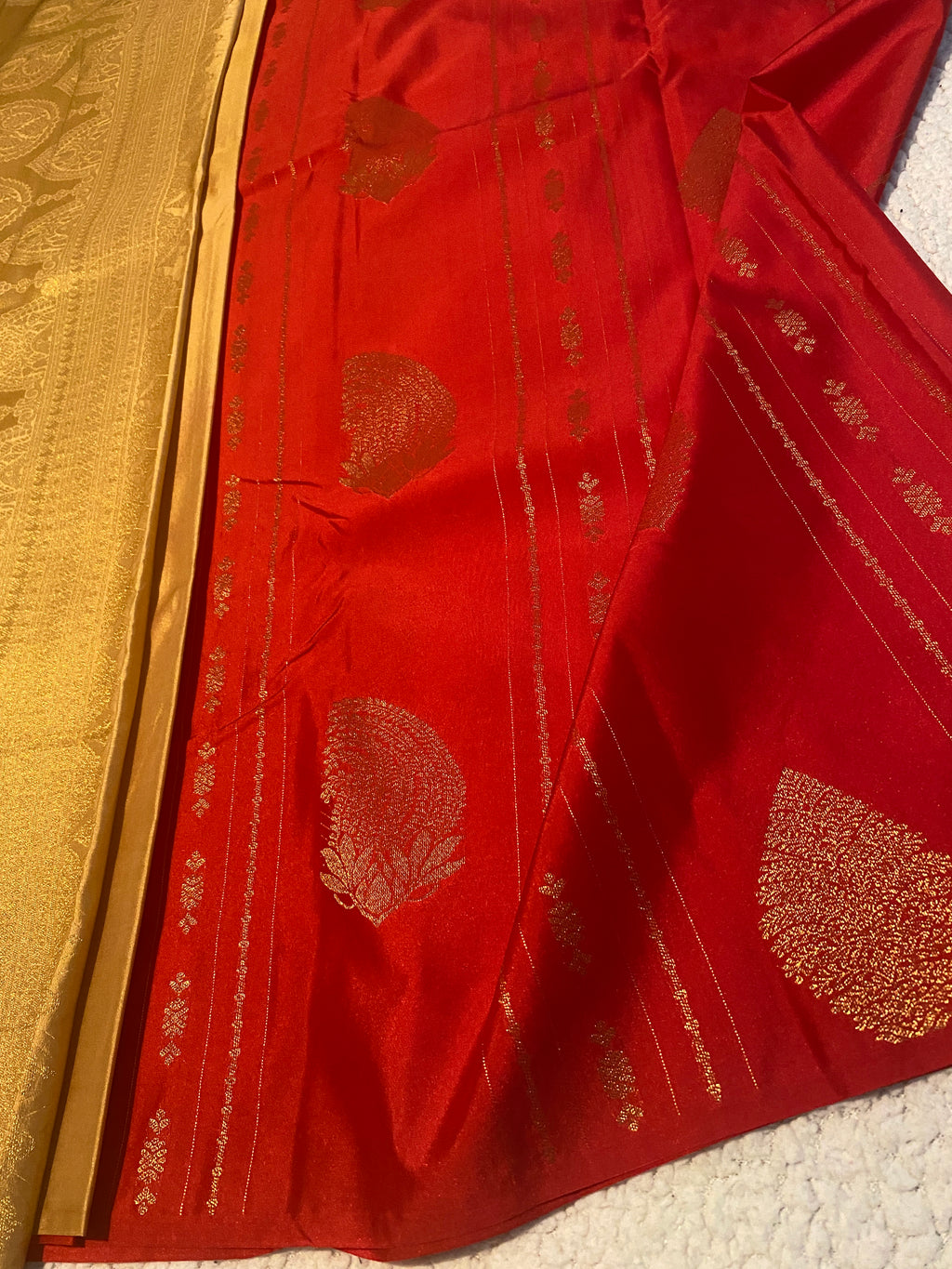 Red Semi-Kanchipuram Silk Saree with Gold Zari Motifs & Rich Woven Pallu