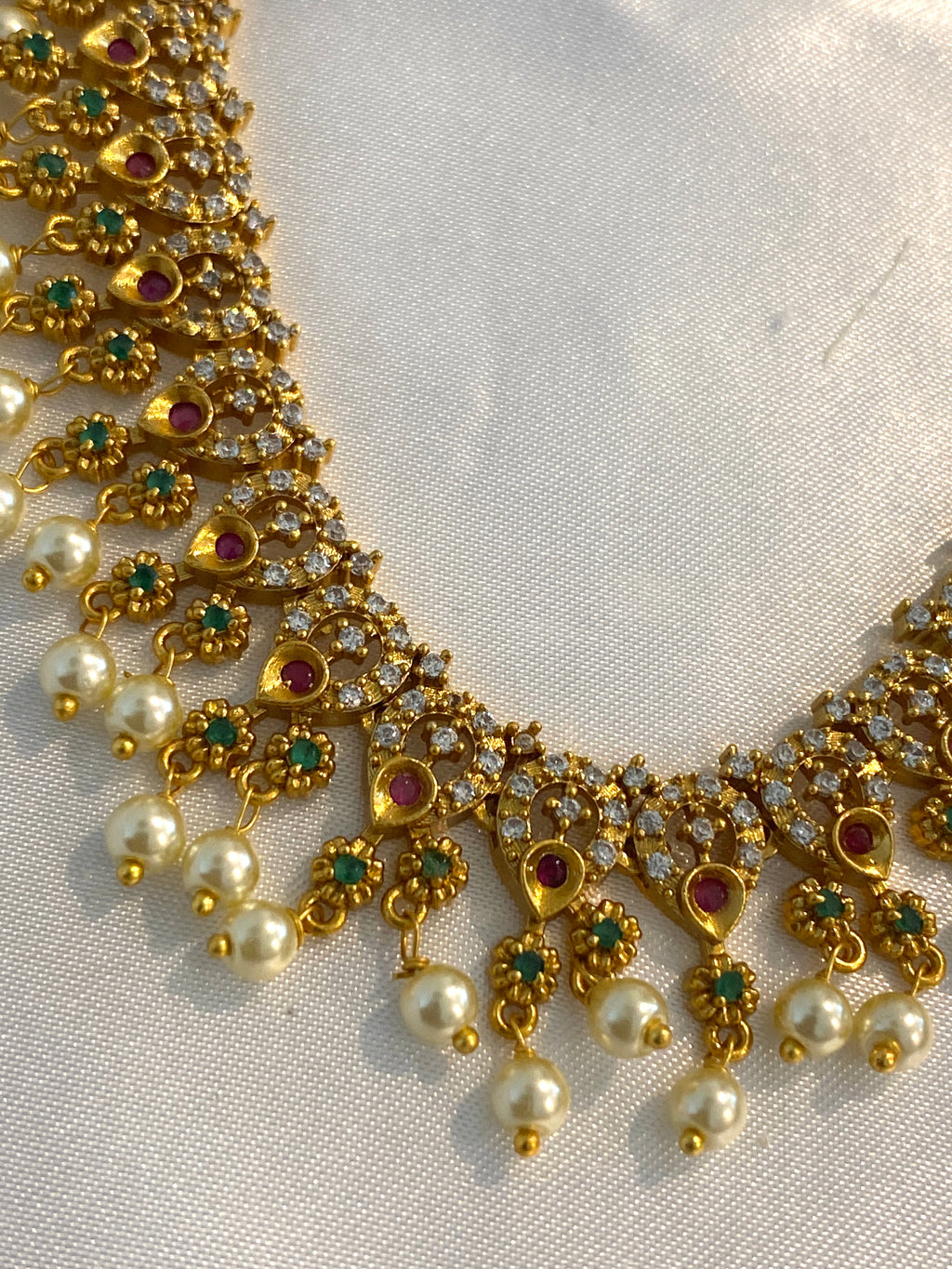 Multi-Color stones with Pearl Haram Set | Antique Gold Long Necklace