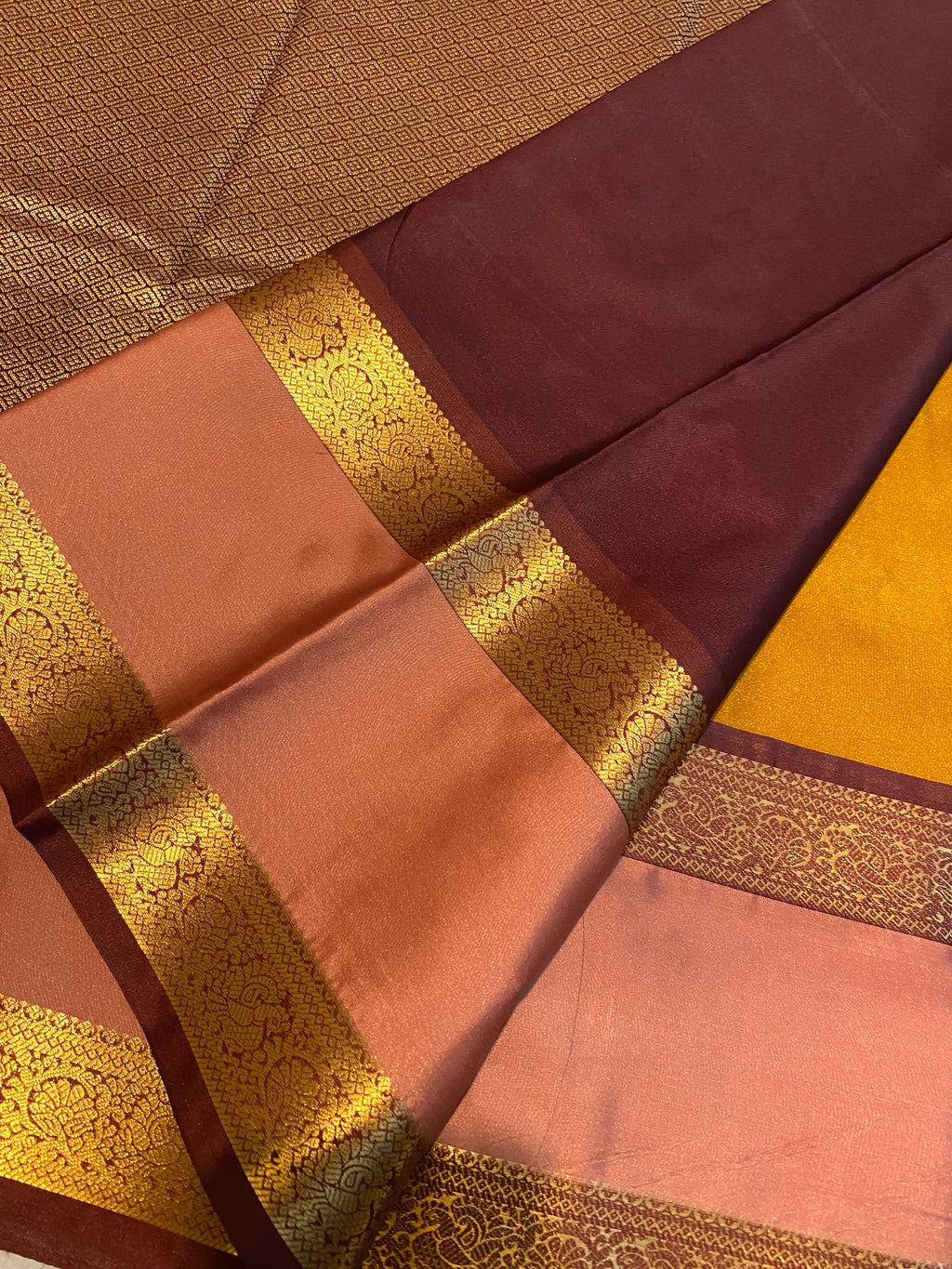 Mustard Gold & Dusty Rose Semi-Kanchipuram Silk Saree