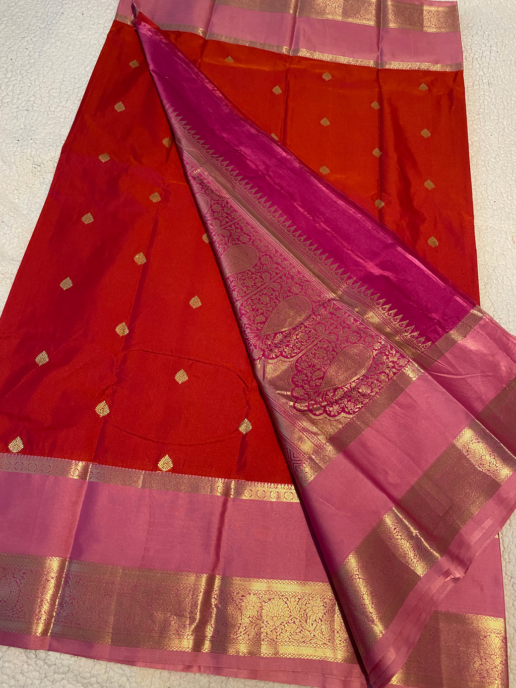 Semi-Kanchipuram Silk Saree in Dual-Tone Deep Pink & Orange with Rose Pink Pallu & Gold Zari Border