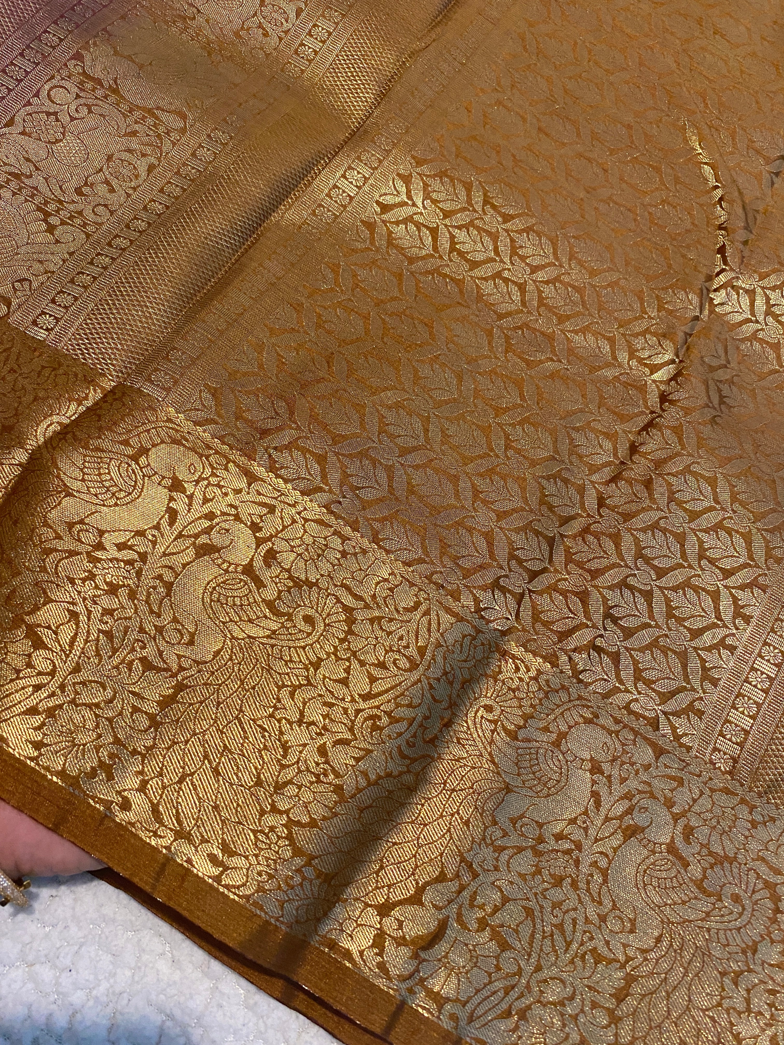 Magenta Purple and Antique Mustard Gold Semi-Kanchipuram Silk Saree with Rich Gold Zari Border