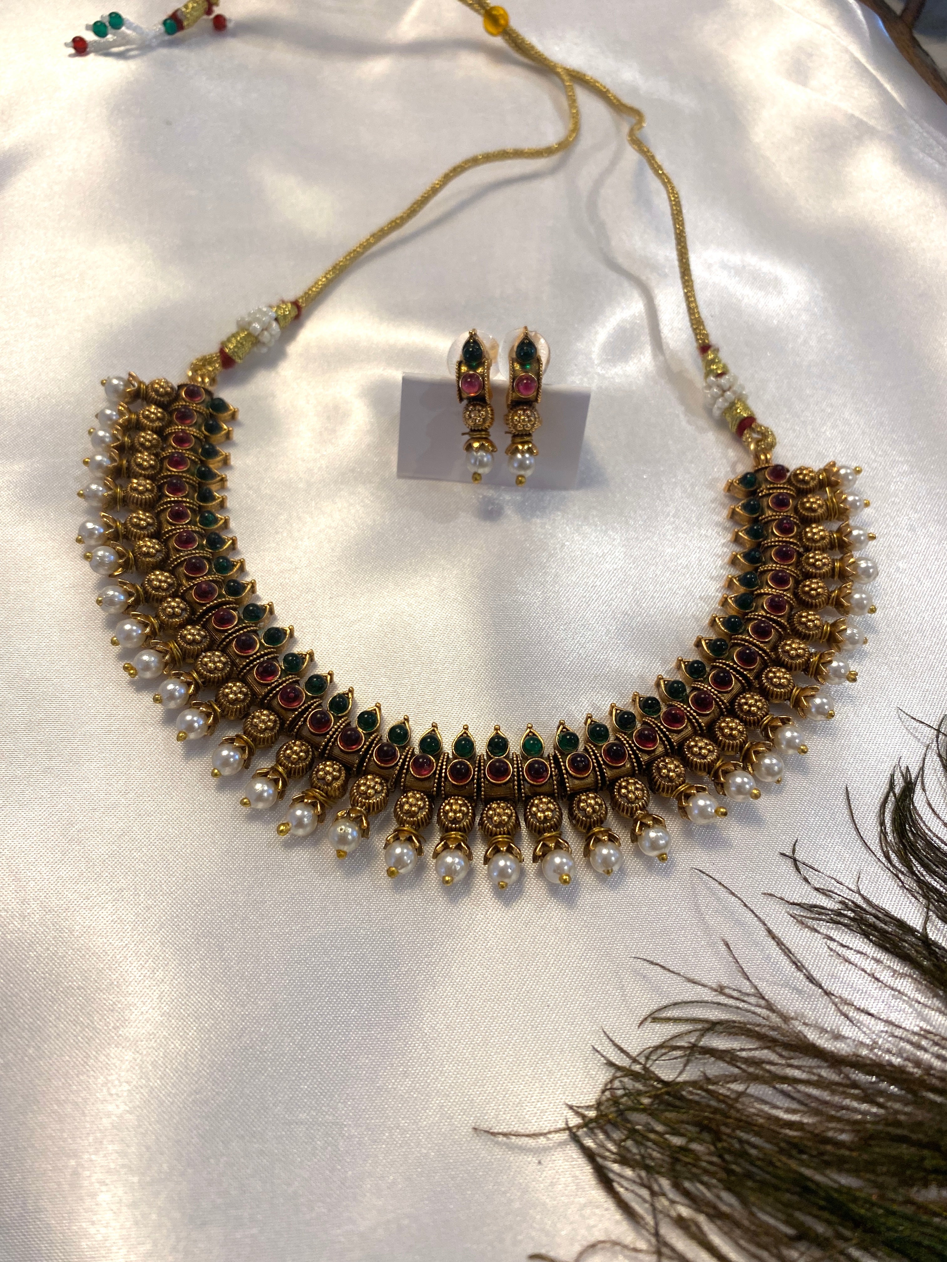 Ruby & Green Necklace Set | Traditional South Indian Jewelry | Antique Gold-Tone Necklace & Earrings