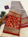 Light Peach Semi-Kanchipuram Silk Saree with Red Floral Zari Border