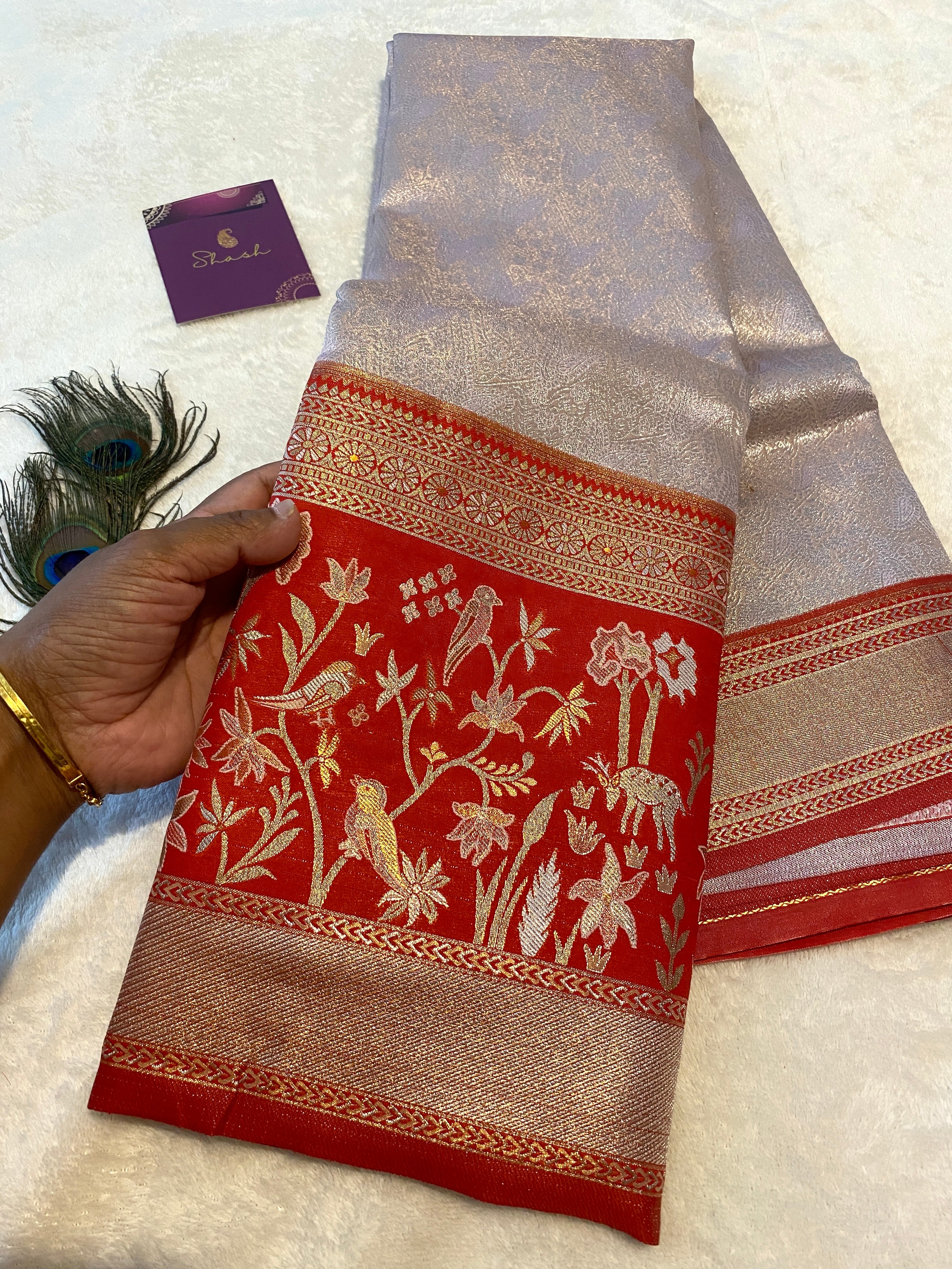 Light Peach Semi-Kanchipuram Silk Saree with Red Floral Zari Border