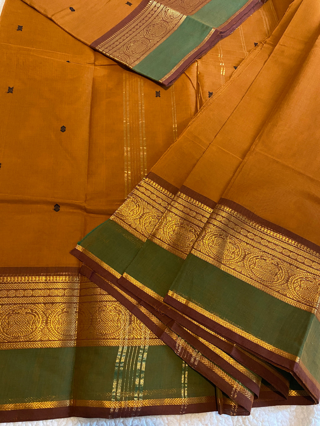 Pure Kanchi Cotton Saree | Honey Mustard with Contrast Green Border