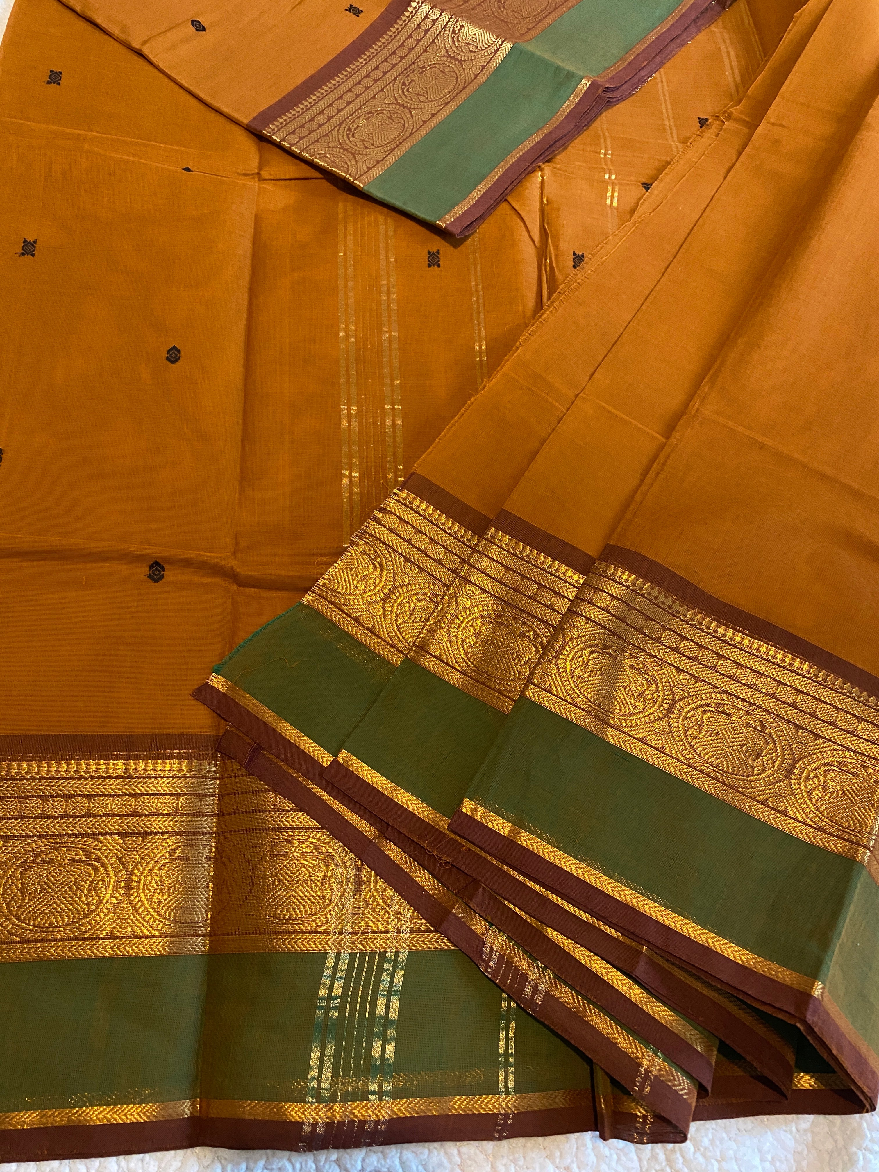 Pure Kanchi Cotton Saree | Honey Mustard with Contrast Green Border