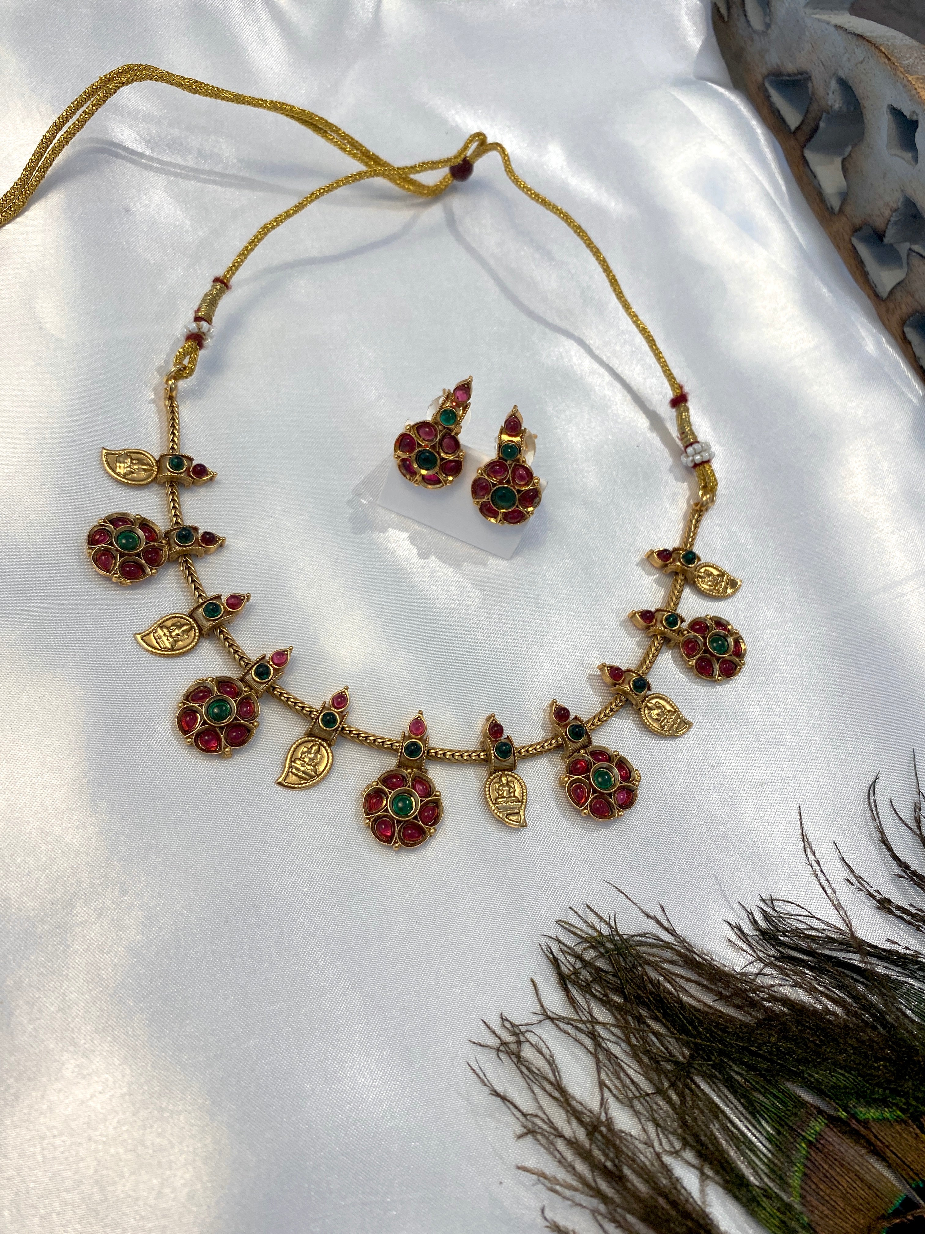 Antique Gold-Tone Ruby & Green Temple-Style Necklace Set