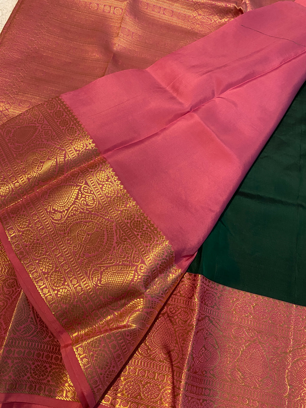 Pure Kanchipuram Silk Saree | Emerald Green with Pink Gold Zari Border