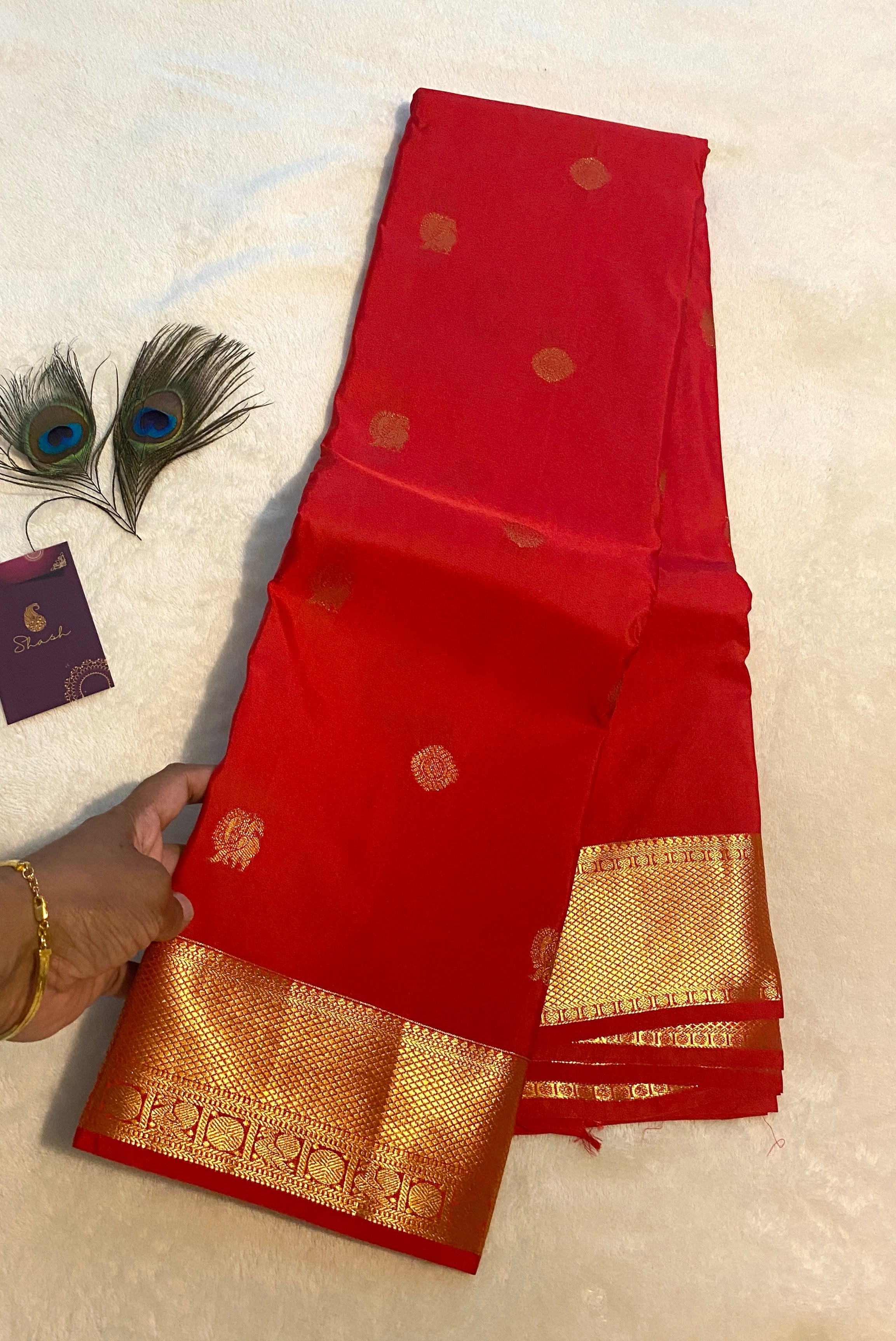Red Semi-Kanchipuram Silk Saree with Gold Zari Border