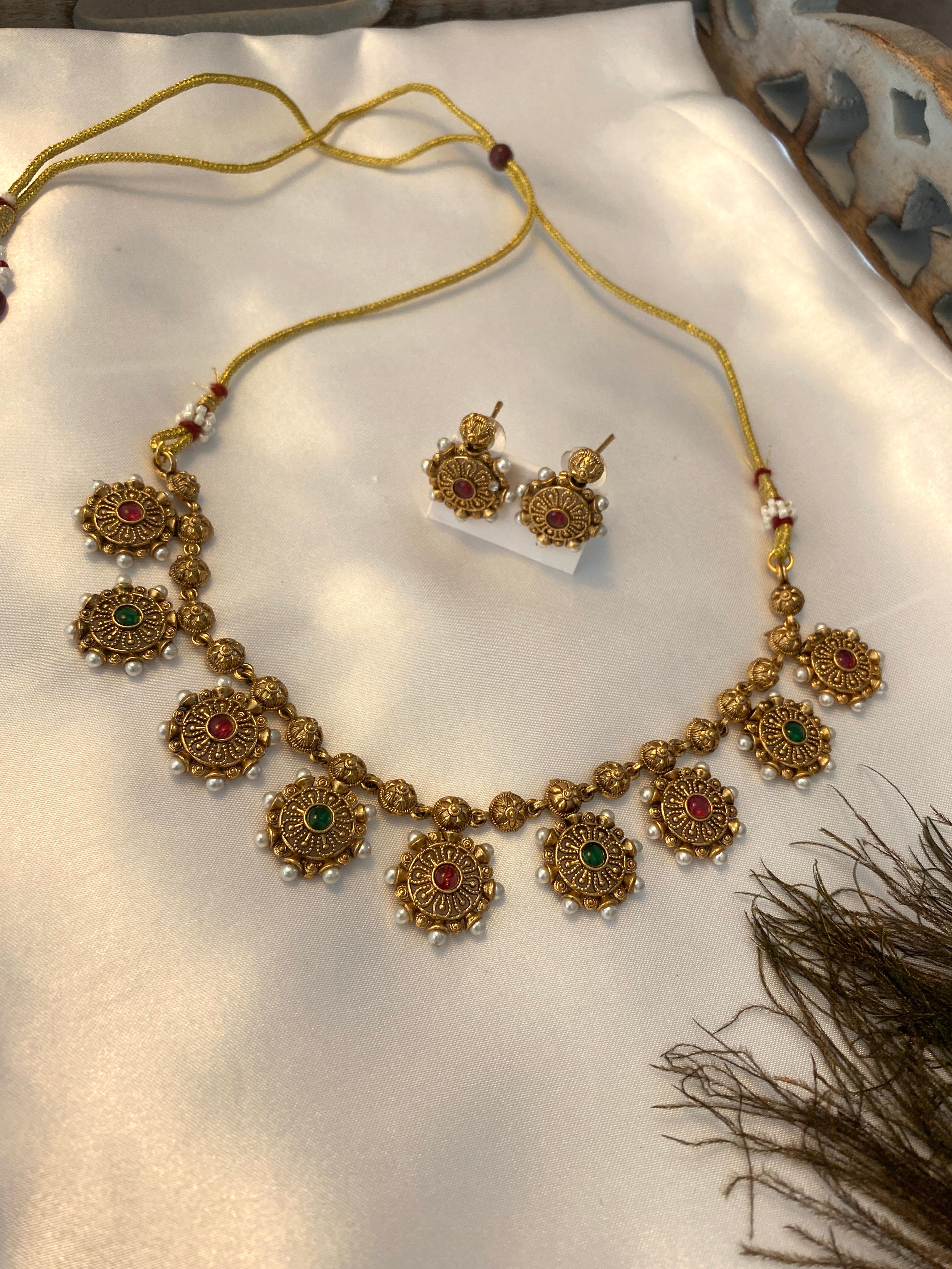 Antique Gold-Tone Ruby & Green Necklace Set | Traditional Indian Jewelry | Pearl Detail Necklace & Earrings