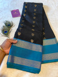 Black Premium Semi-Kanchipuram Silk Saree with Peacock Blue Zari Border & Gold Zari Motifs