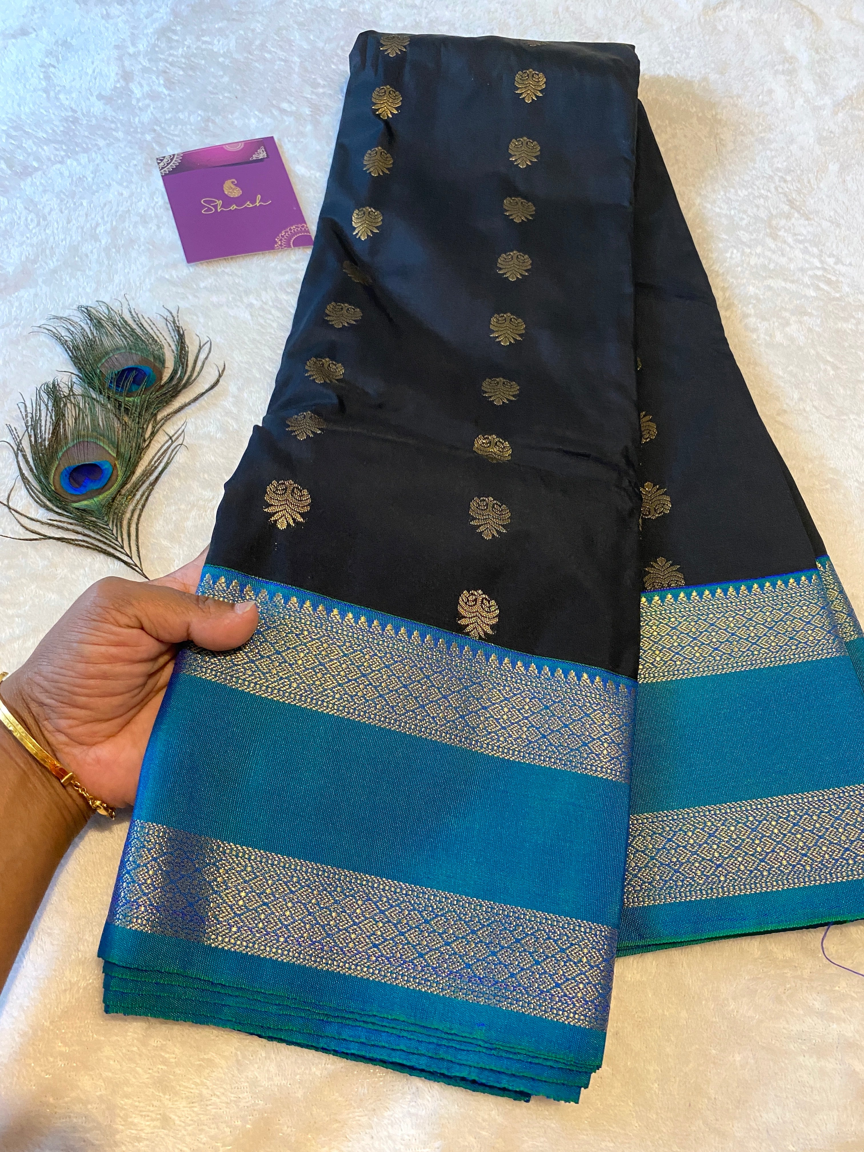 Black Premium Semi-Kanchipuram Silk Saree with Peacock Blue Zari Border & Gold Zari Motifs