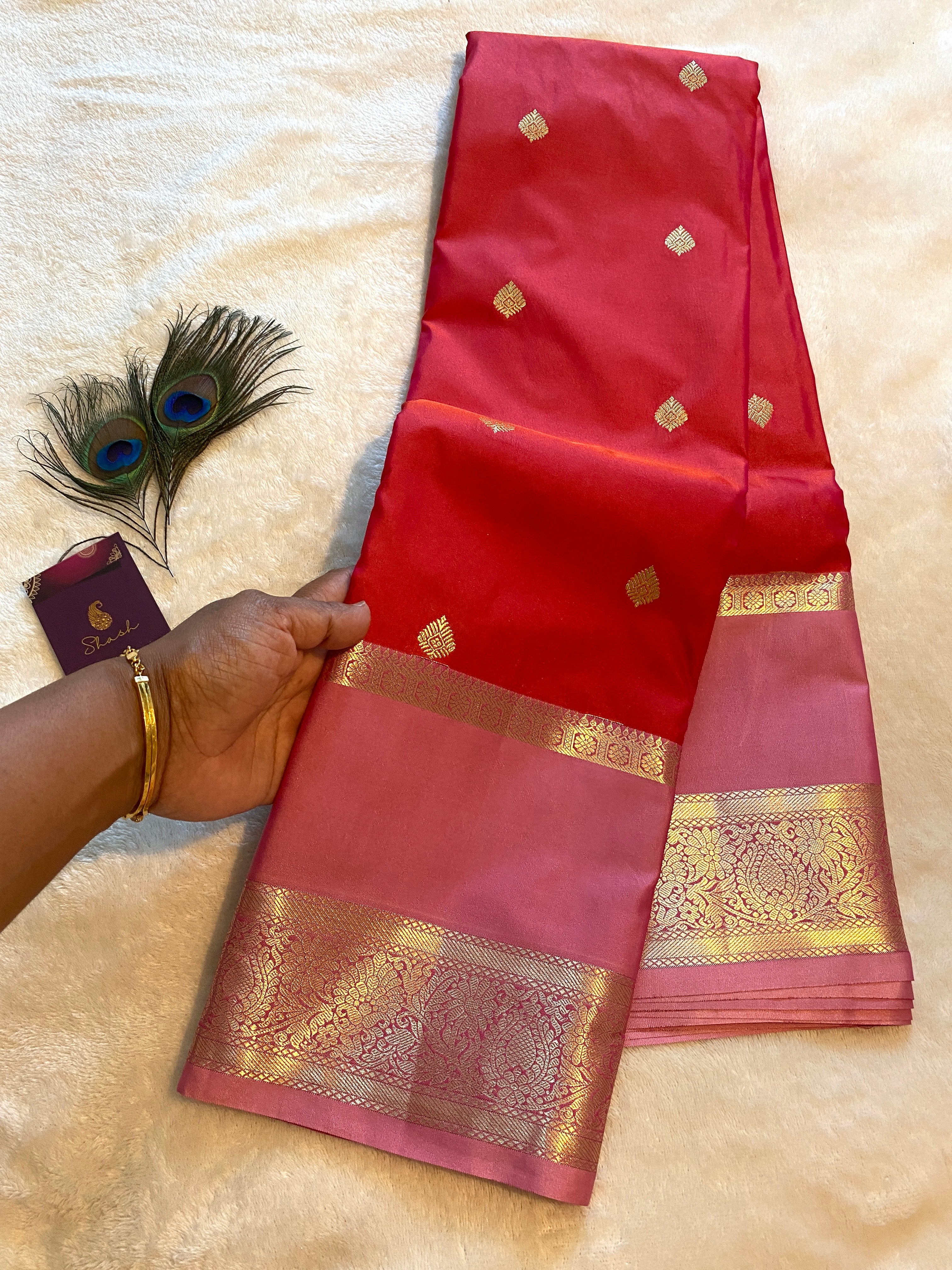 Semi-Kanchipuram Silk Saree in Dual-Tone Deep Pink & Orange with Rose Pink Pallu & Gold Zari Border