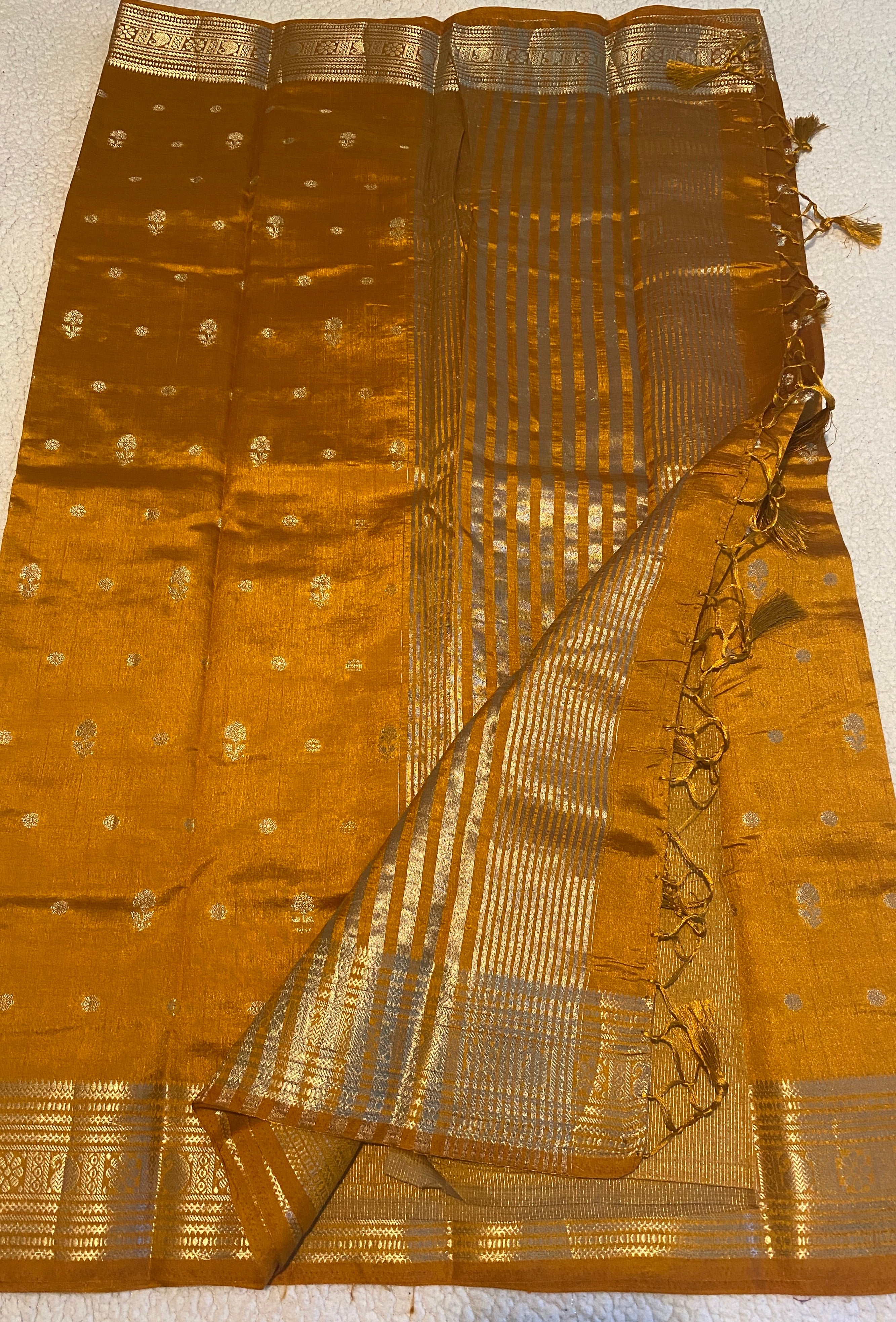 Mustard Yellow Tussar Silk Saree with Pallu and Border Detailing