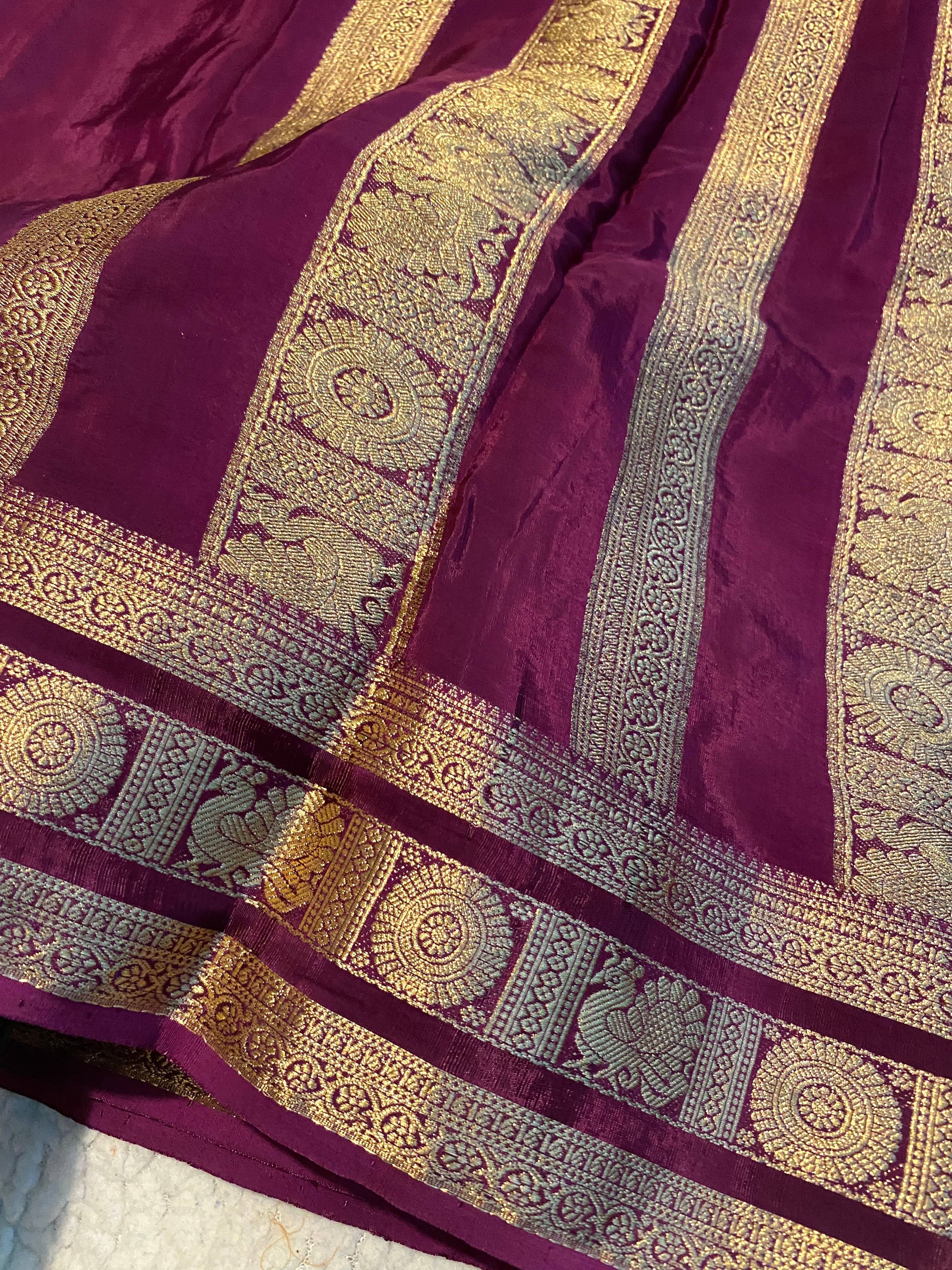 Purple Satin Crepe Saree with Traditional Gold Zari Border