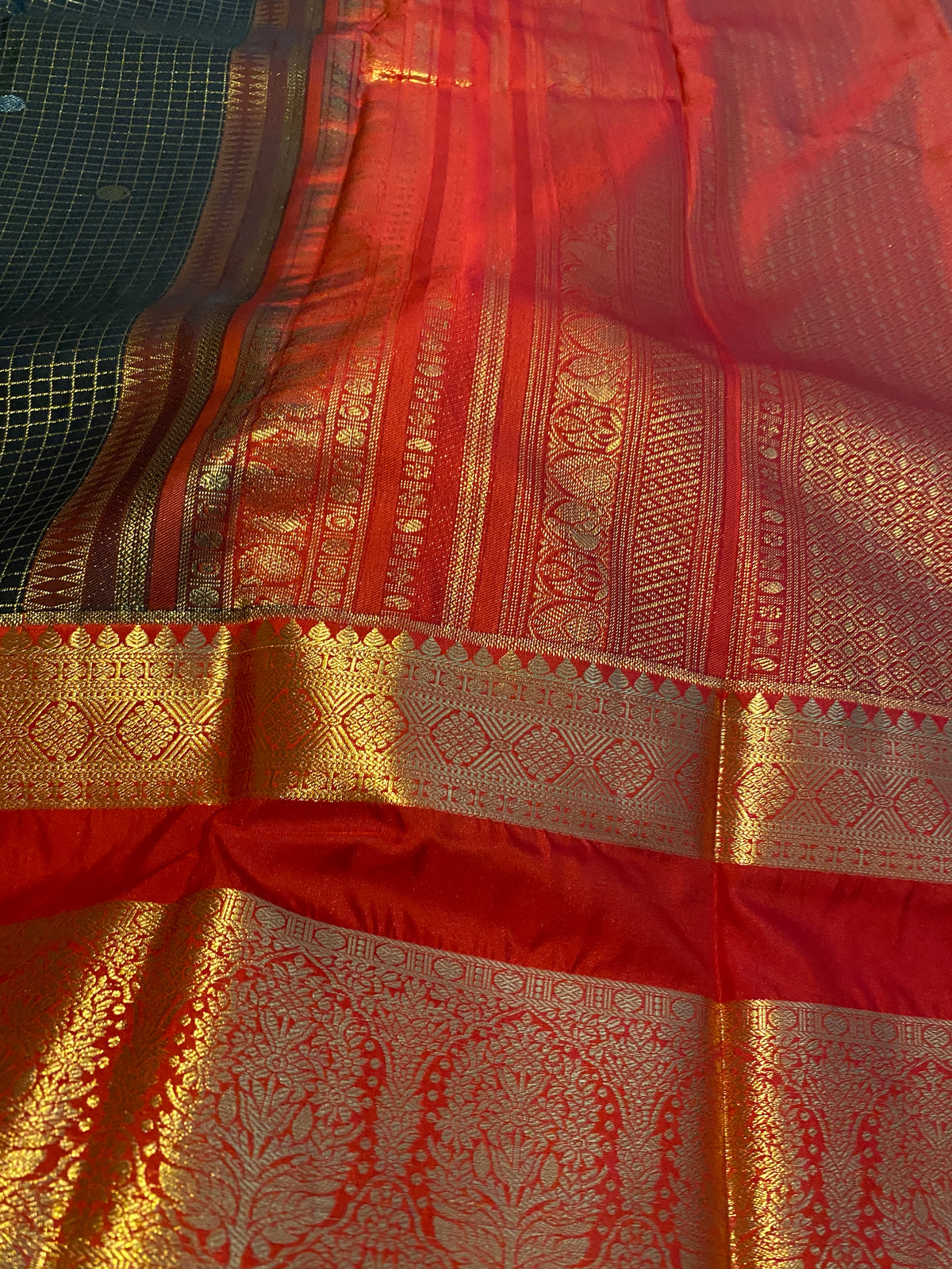 Premium Black & Red Semi-Kanchipuram Silk Saree with Gold Zari
