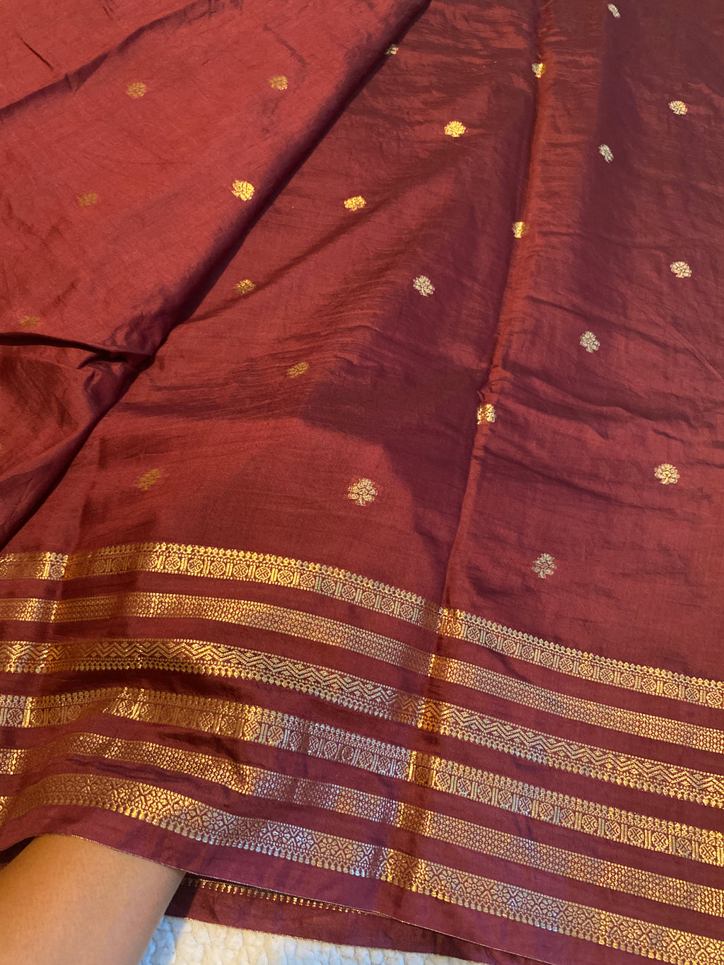 Rusty Maroon Assam Silk Saree with Gold Zari Border & Orange Blouse