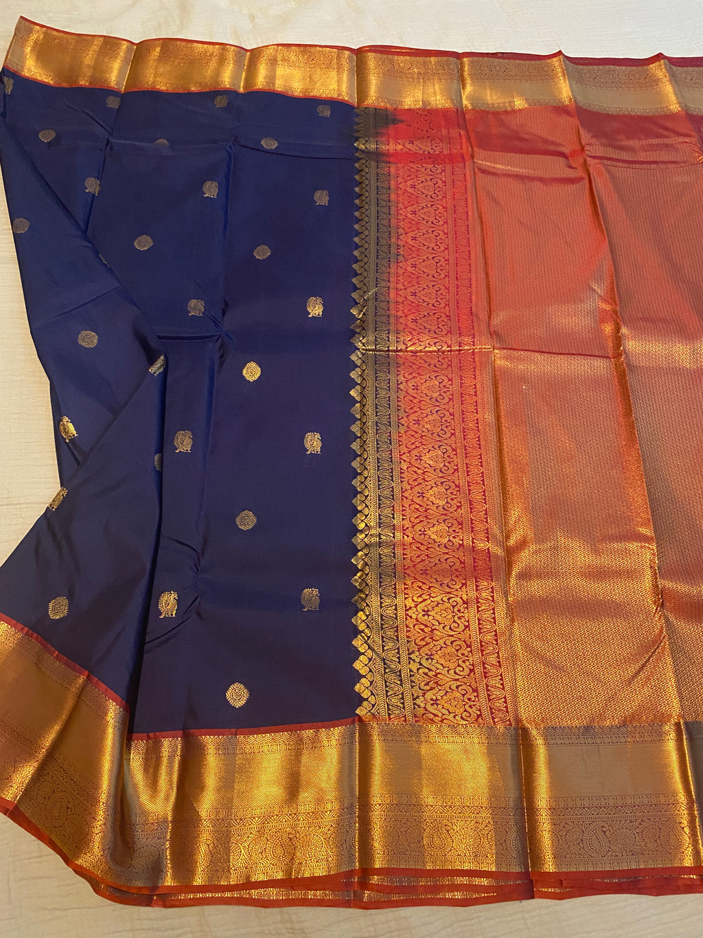 Royal Blue Semi-Kanchipuram Silk Saree with Maroon Pallu & Antique Gold Zari Border